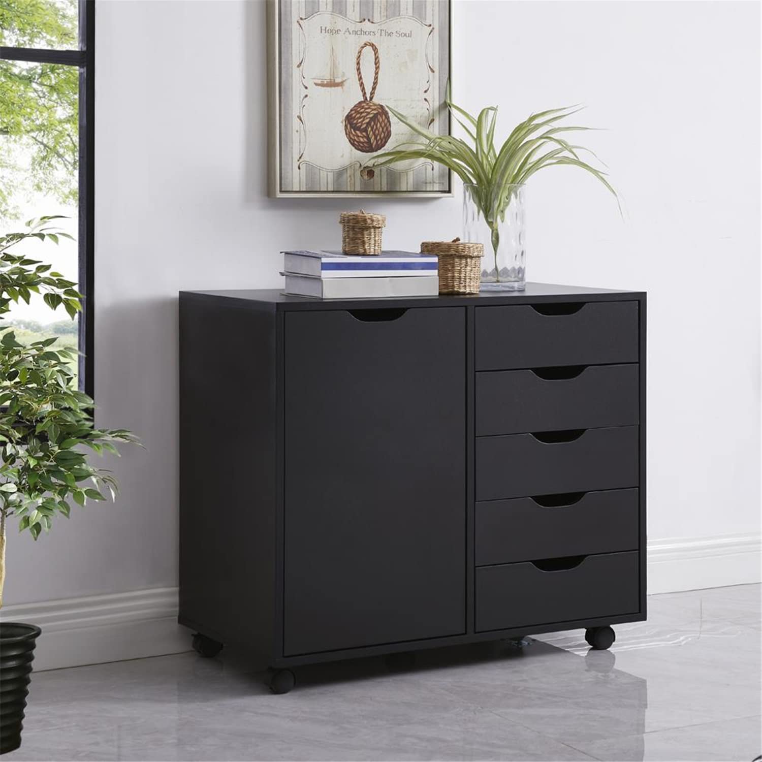 Naomi Home 5-Drawer Rolling File Cabinet with Wheels - Black Office Storage Organizer for Home & Business, Heavy Duty 180 lbs Capacity, Perfect as Printer Stand & Under Desk Storage Solution for Documents & Supplies
