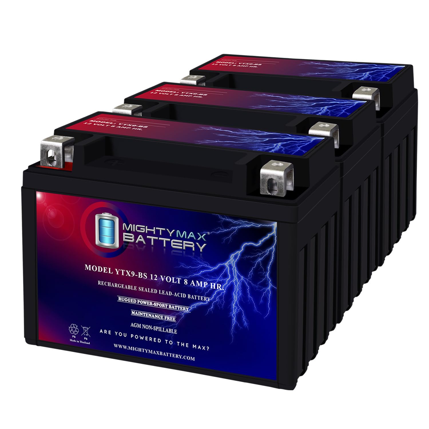 Mighty Max YTX9-BS 12V 8Ah Sealed Lead Acid Battery - 3 Pack Replacement for Kymco 150 MXU150 (2010-2011) ATV/Quad - Powersports, Marine & Solar Applications