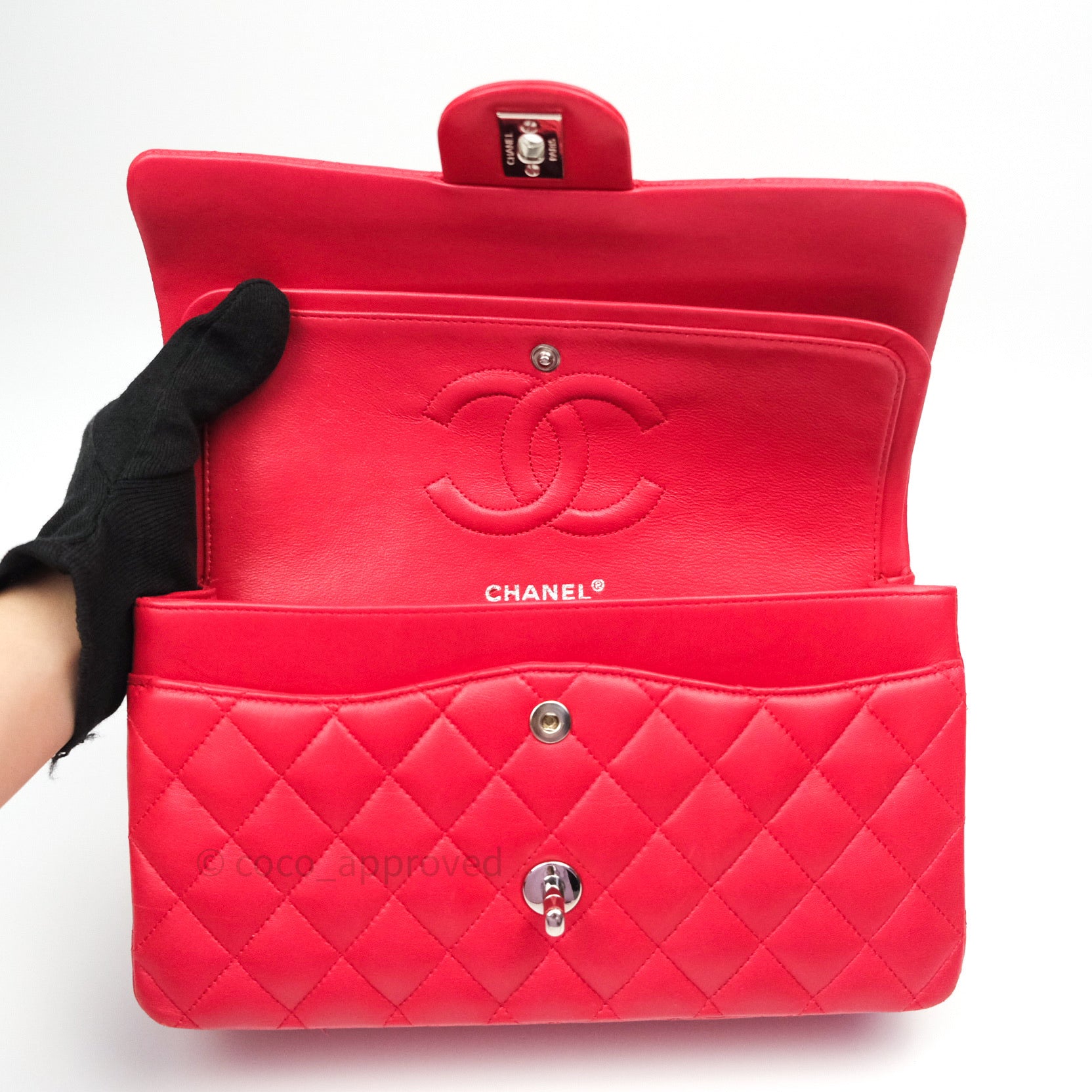 Chanel Classic Medium Double Flap Bag - Red Lambskin Leather with Silver Hardware | Luxury Handbag for Women, Perfect for Date Night & Special Occasions