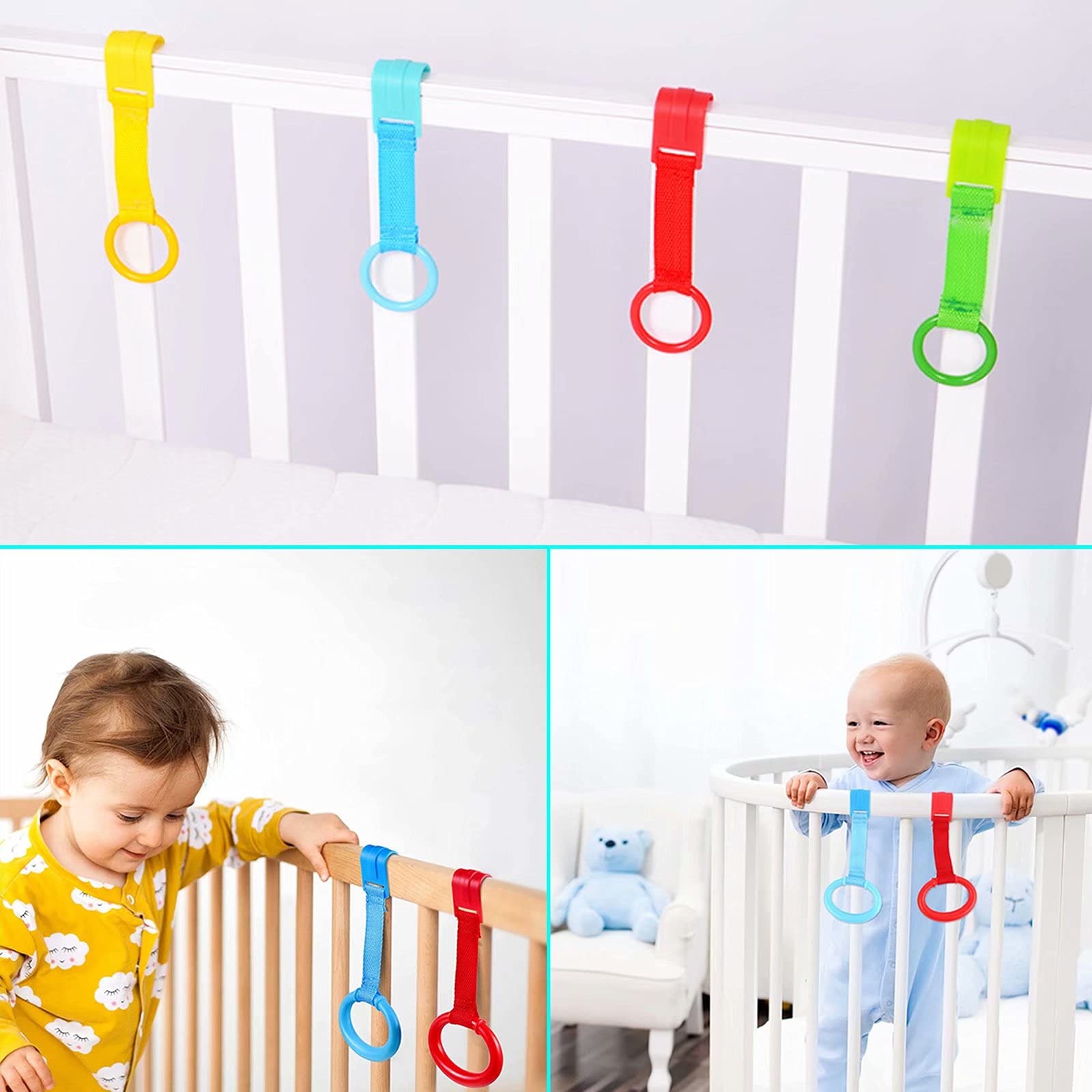 12-Piece Baby Crib Pull Rings Set - 4 Color Safe Stand Up Rings for Infants & Toddlers - Walking Assistant & Crib Safety Accessories - Perfect for Nursery, Daycare & Early Childhood Development