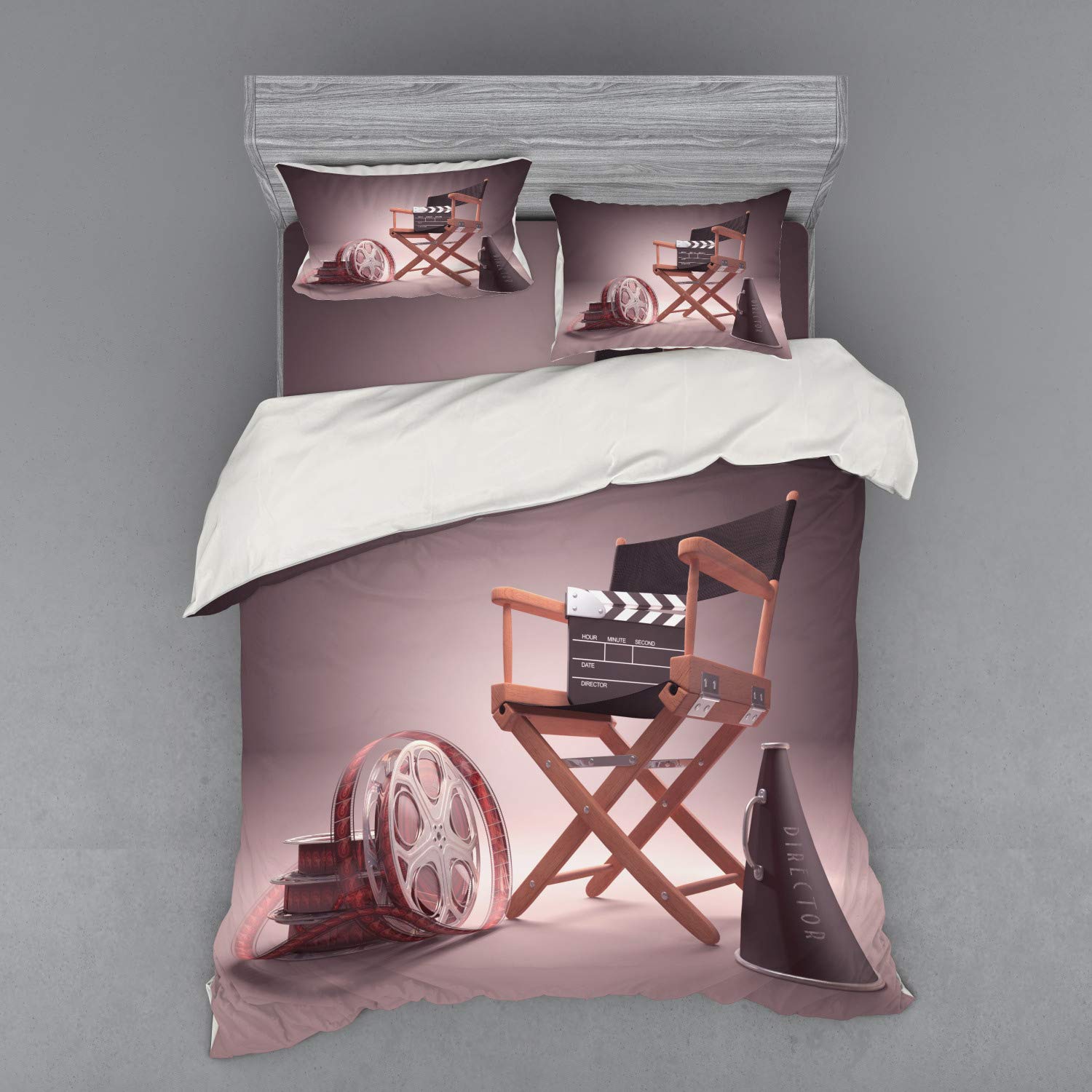 Ambesonne Movies Duvet Cover Set - 4 Piece Queen Size Bedding with Shams & Fitted Sheet, Directors Chair & Film Studio Design in Umber Black & Brown - Perfect for Movie Lovers' Bedroom Decor & Film Themed Home Styling