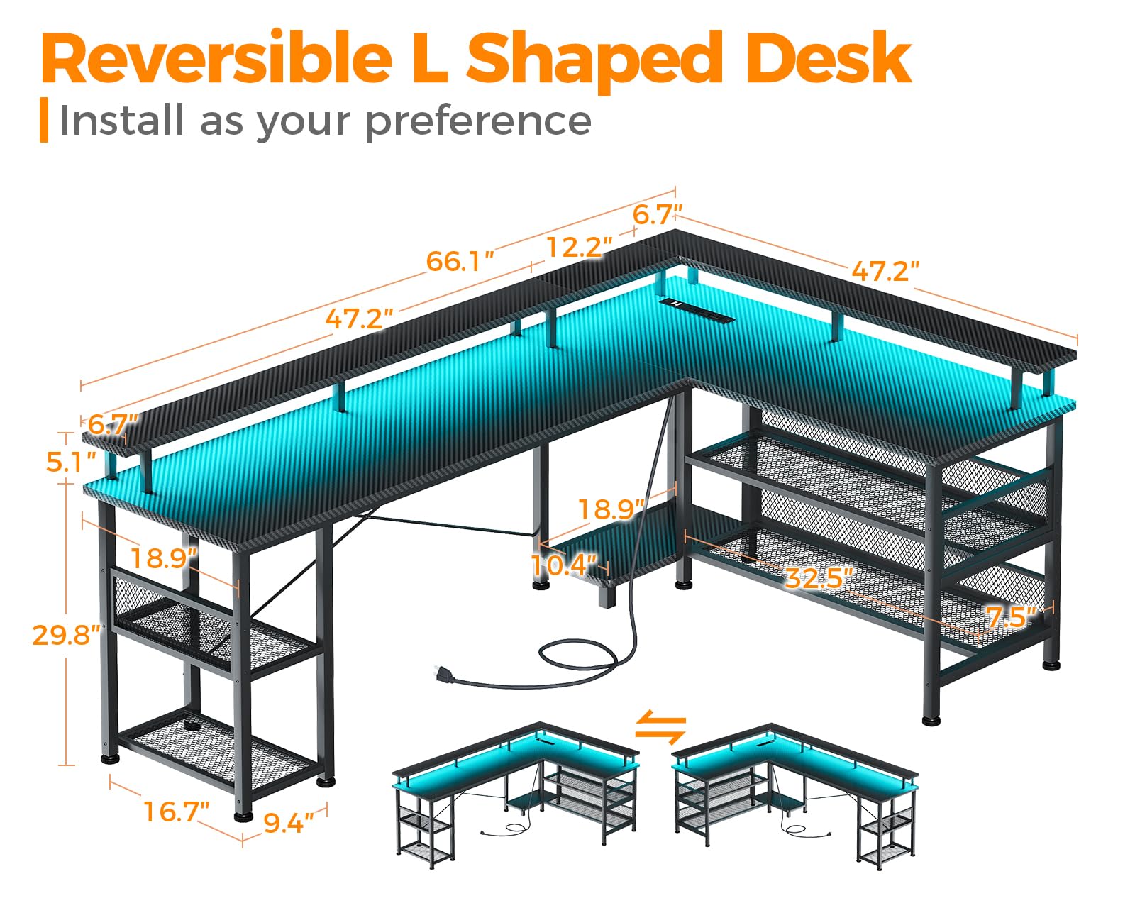 ODK 66 Inch L-Shaped Gaming Desk with Power Outlet & LED Lights - Carbon Fiber Texture PC Computer Desk, Reversible L-Shape Design with Storage Shelves & Monitor Stand - Perfect for Home Office, Streaming Setup & Gaming Battlestation (Black)