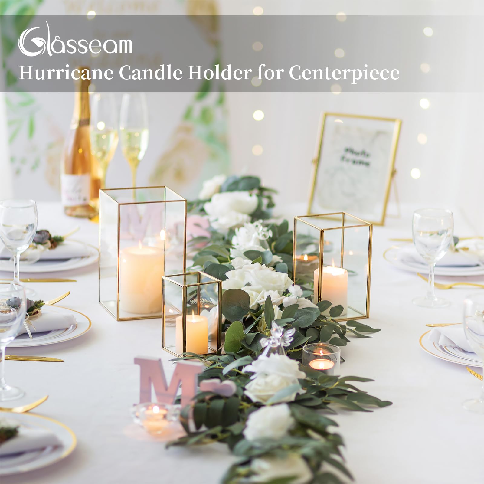 Glasseam Glass Hurricane Candle Holder Set of 3 - Gold Square Pillar Candle Holders for Wedding, Christmas & Home Decor - Modern Large Candle Holders for Table Centerpiece, Dining Room & Holiday Decorations