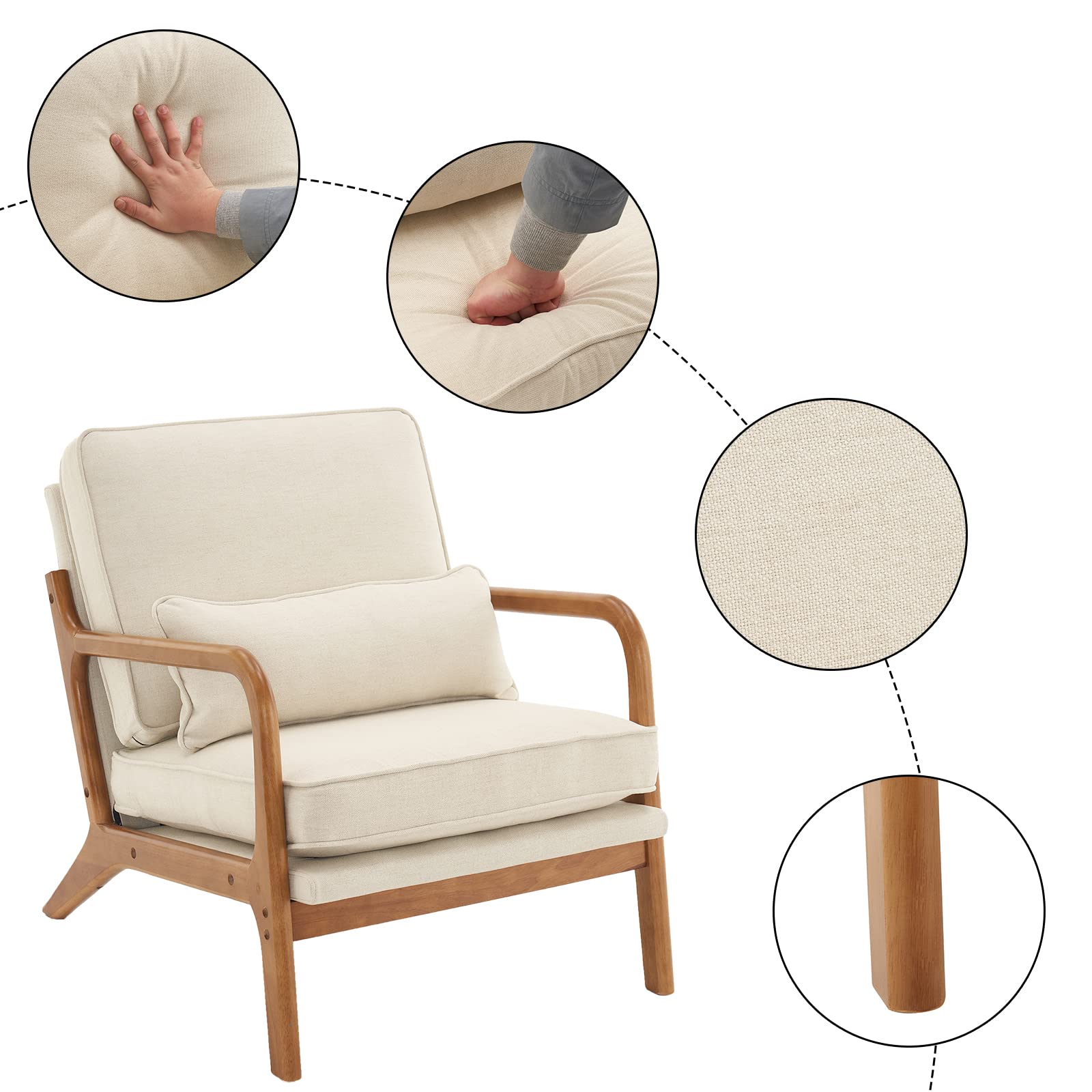 VINGLI Modern Accent Chairs Set of 2 - Beige Linen Upholstered Mid Century Lounge Chairs with Wooden Legs for Living Room, Bedroom or Office - Comfortable Reading Armchair for Small Spaces & Cozy Home Decor