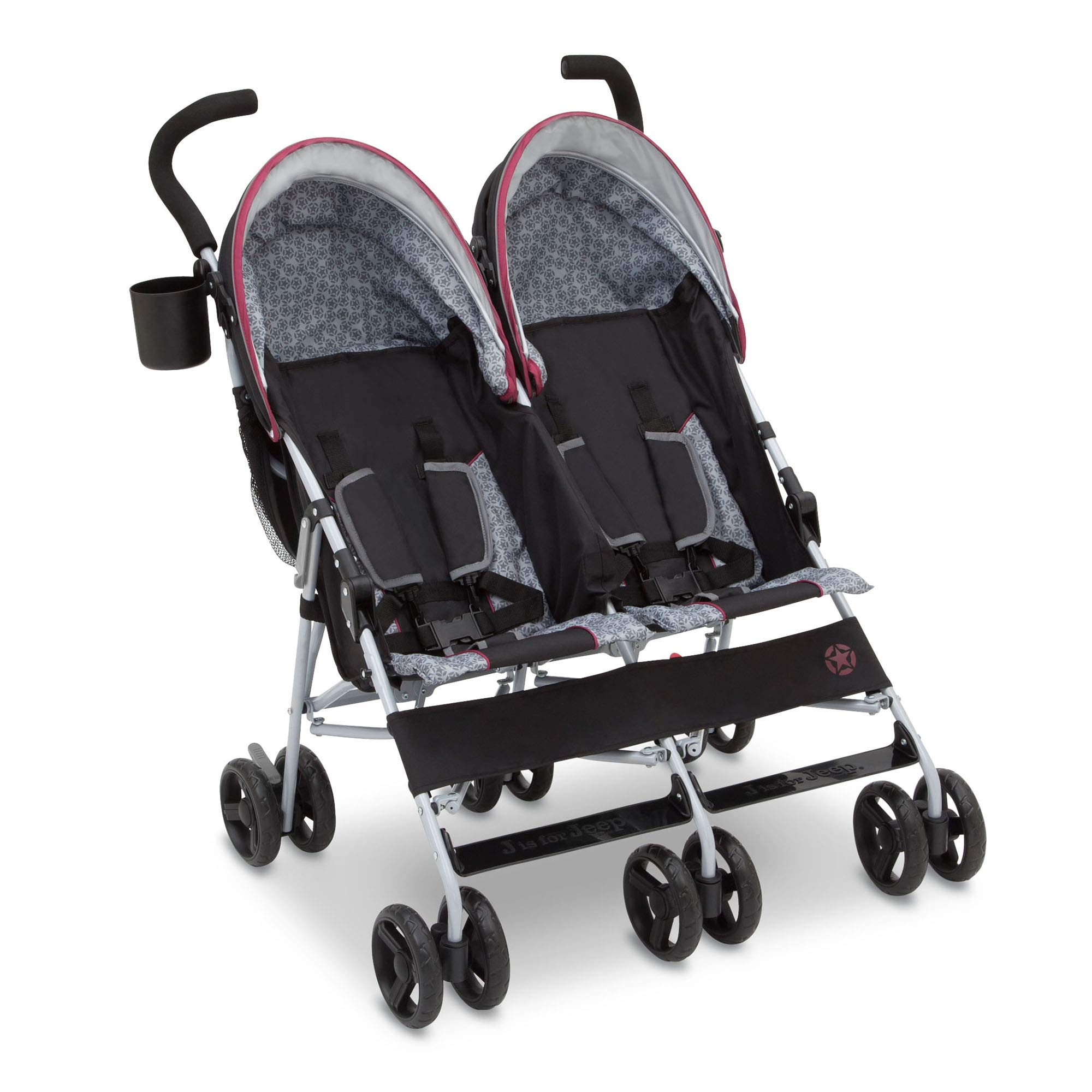Jeep Scout Double Stroller for Toddlers - Lightweight Side by Side Baby Stroller with Canopy & Storage Basket, Lunar Burgundy - Perfect for Twins, Siblings or Daycare Use at Parks, Malls & Outdoor Adventures