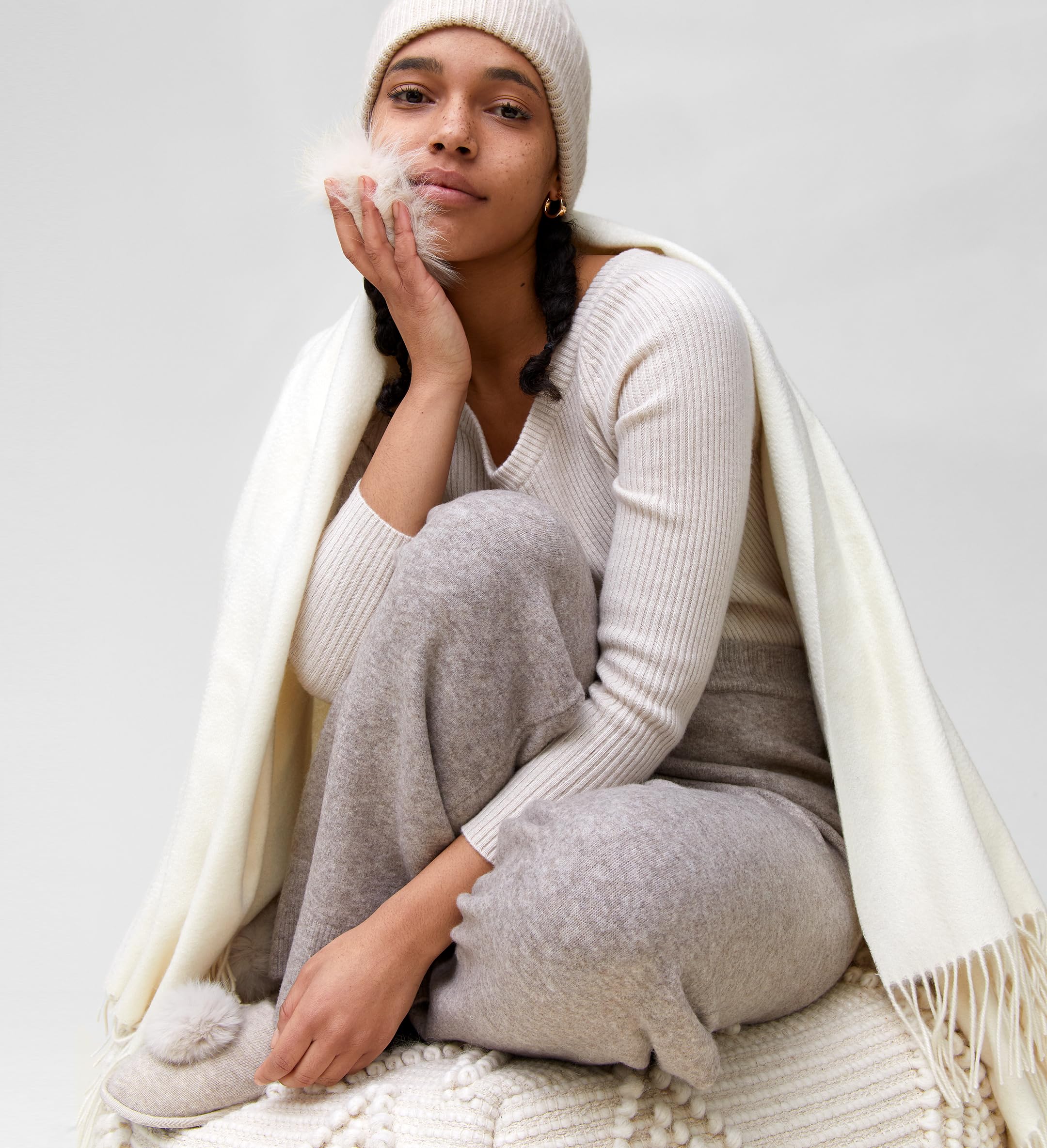 100% Pure Cashmere Throw Blanket - Ultra Soft Undyed White Luxury Blanket with Decorative Fringe for Couch, Sofa & Bed (60