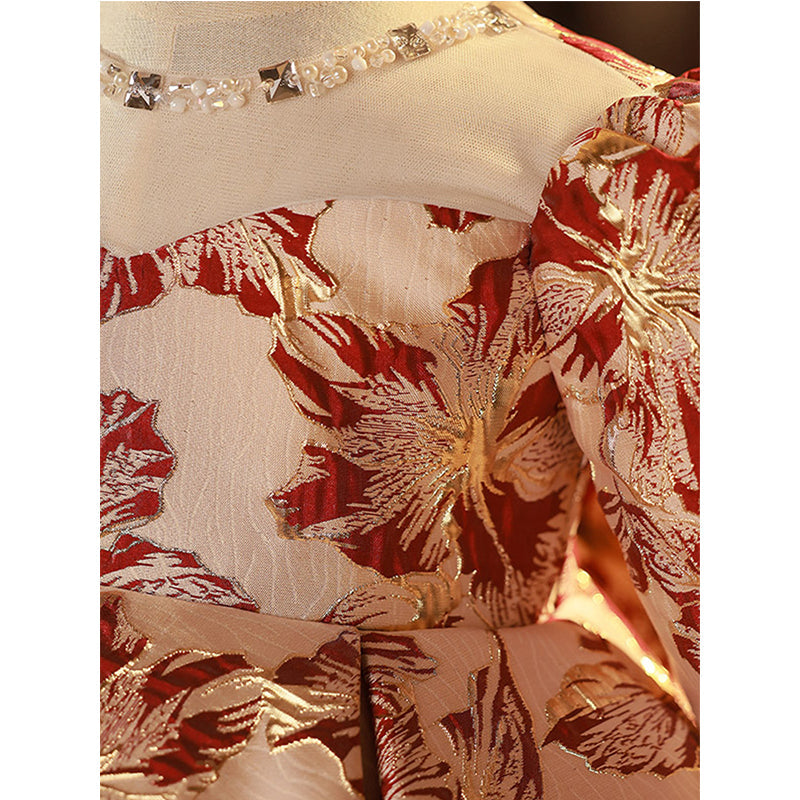 Red Satin A-Line Flower Girl Dress with Round Neck & Lantern Sleeves - Perfect for Weddings, Pageants & Special Occasions