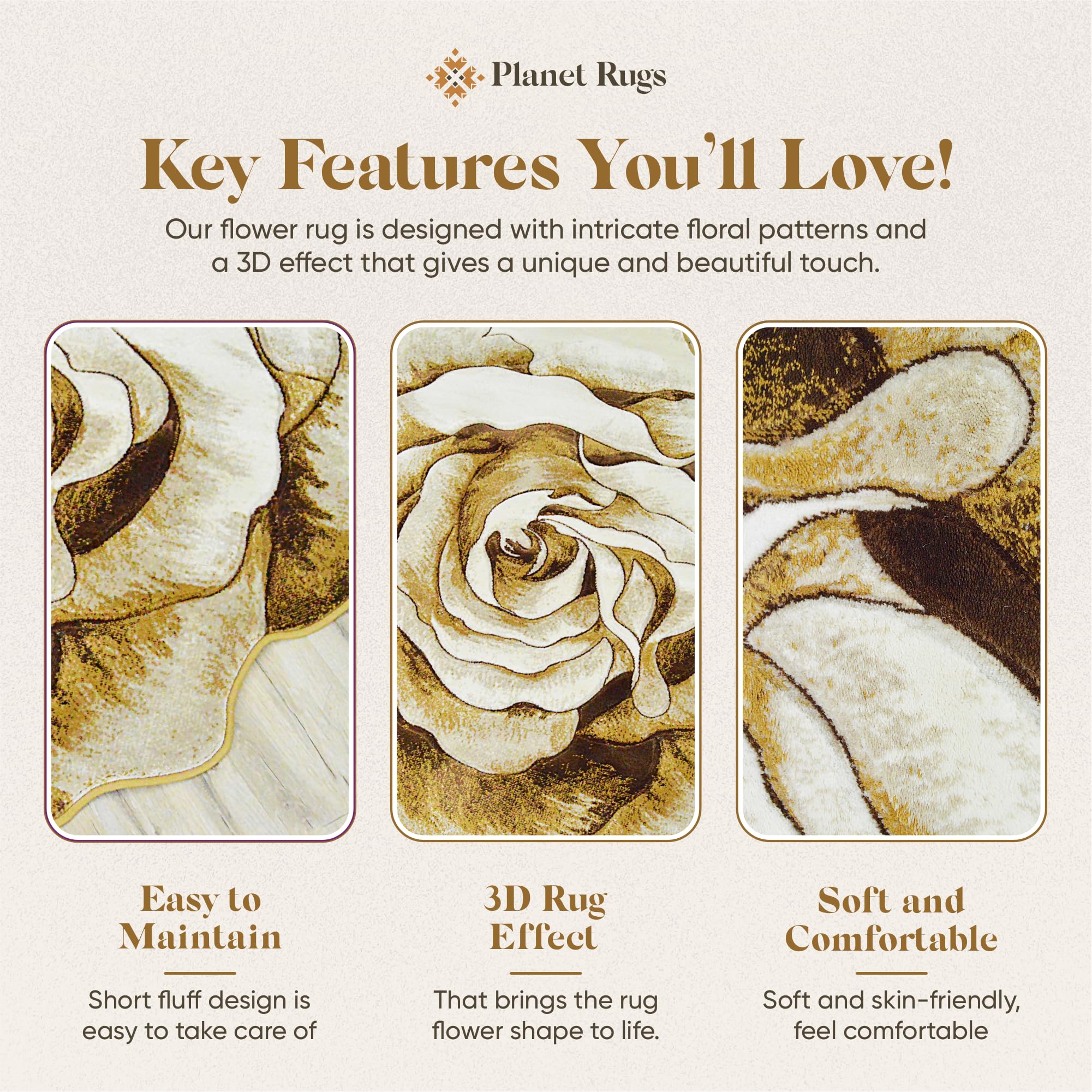 5ft Round Rose Area Rug - Plush Flower Shaped Carpet for Bedroom & Living Room | Soft Girly Circle Rug in Beige 304 | Perfect for Boho Decor, Nursery Floor & Cozy Home Accent