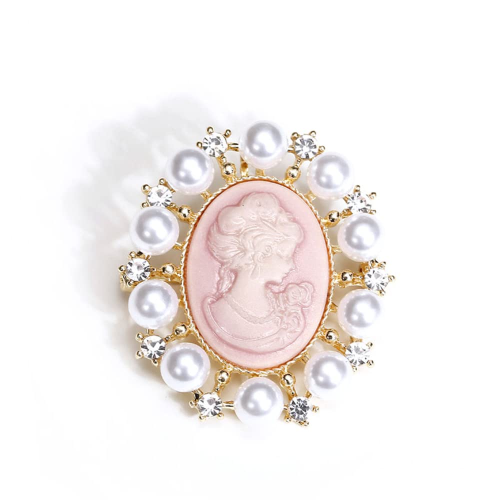Elegant Rhinestone Pearl Cameo Brooch Pin for Women - Gold Tone Shell Pearls & Crystal Wreath with Carved Pink Victorian Lady - Vintage Fashion Jewelry for Weddings, Parties, Birthdays & Formal Occasions