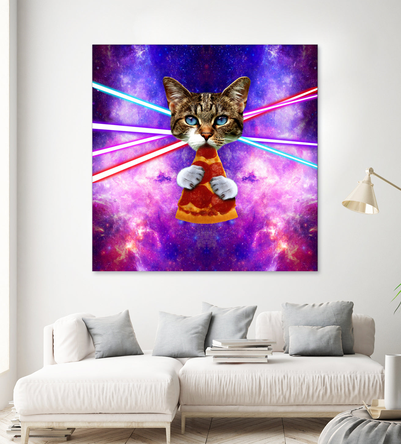 Cat Eating Pizza in Space Galaxy Print T-Shirt - Funny Cosmos Astronaut Cat Design for Pet Lovers & Sci-Fi Fans - Perfect for Casual Wear, Gifts & Space-Themed Parties