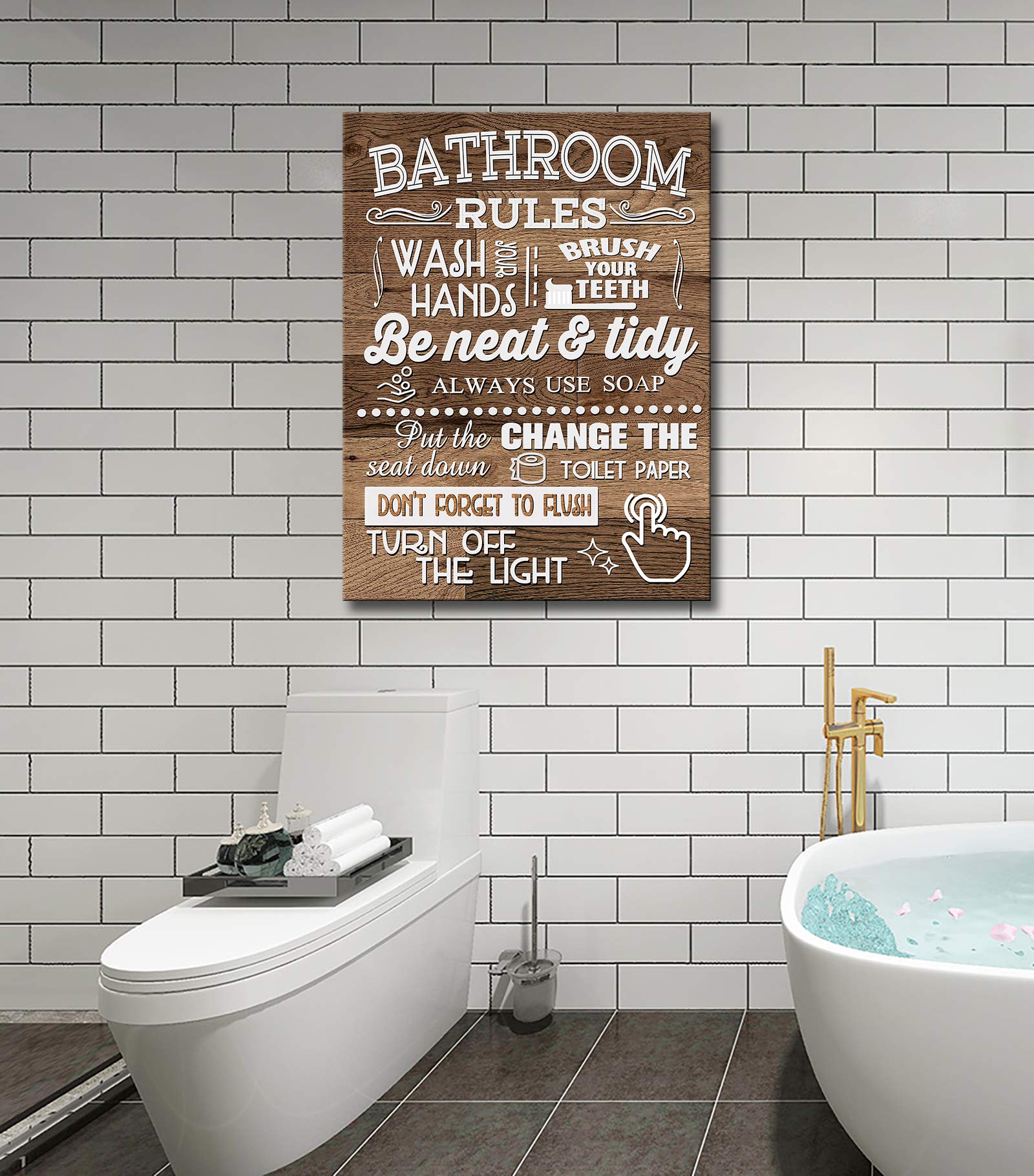 Funny Bathroom Rules Canvas Wall Art - Wood Grain Farmhouse Toilet Sign Poster, Laundry & Restroom Decor, Framed Ready to Hang - Perfect Gift for Bathroom Wall Decor | Ideal for Home, Office & Farmhouse Style Spaces