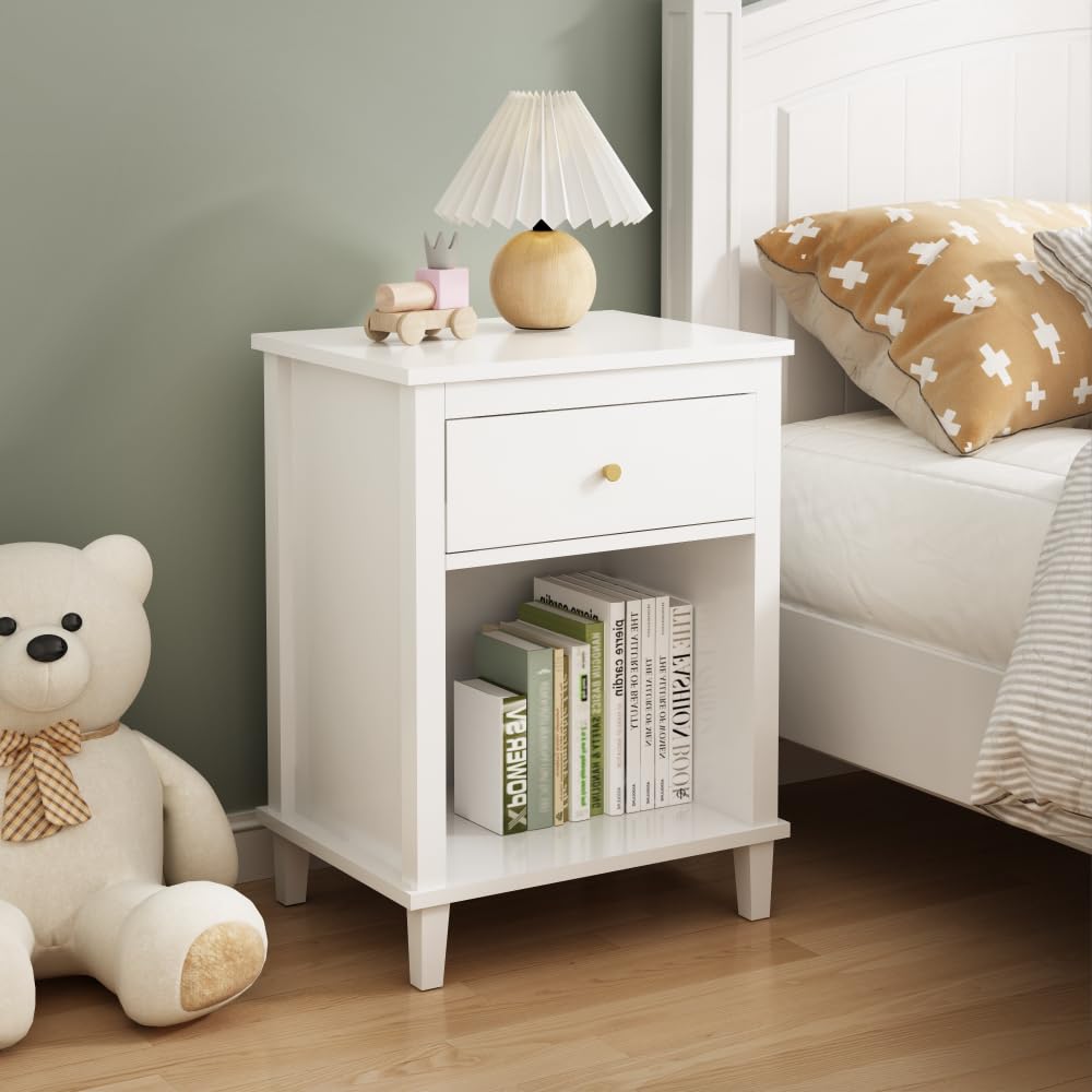Modern Kids Nightstand with Drawer & Open Shelf - Wooden Toddler Bedside Table for Boys & Girls - White Nursery & Bedroom Storage Furniture - Perfect for Bedrooms, Playrooms & Kids' Rooms