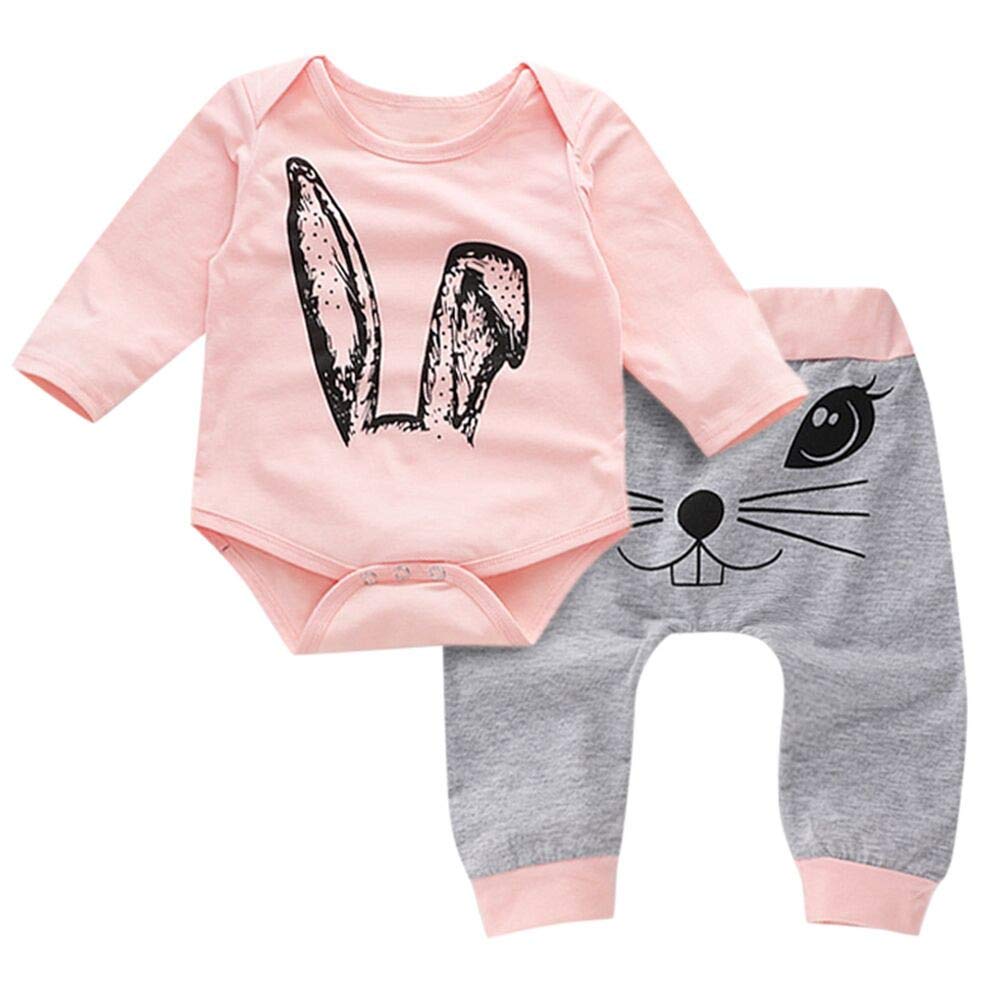 Toddler Girls' Cartoon Rabbit Print Romper & Top Set - Pink Outfit for Baby Girls (Size 90) | Playtime, Birthday & Photo Shoot Outfits