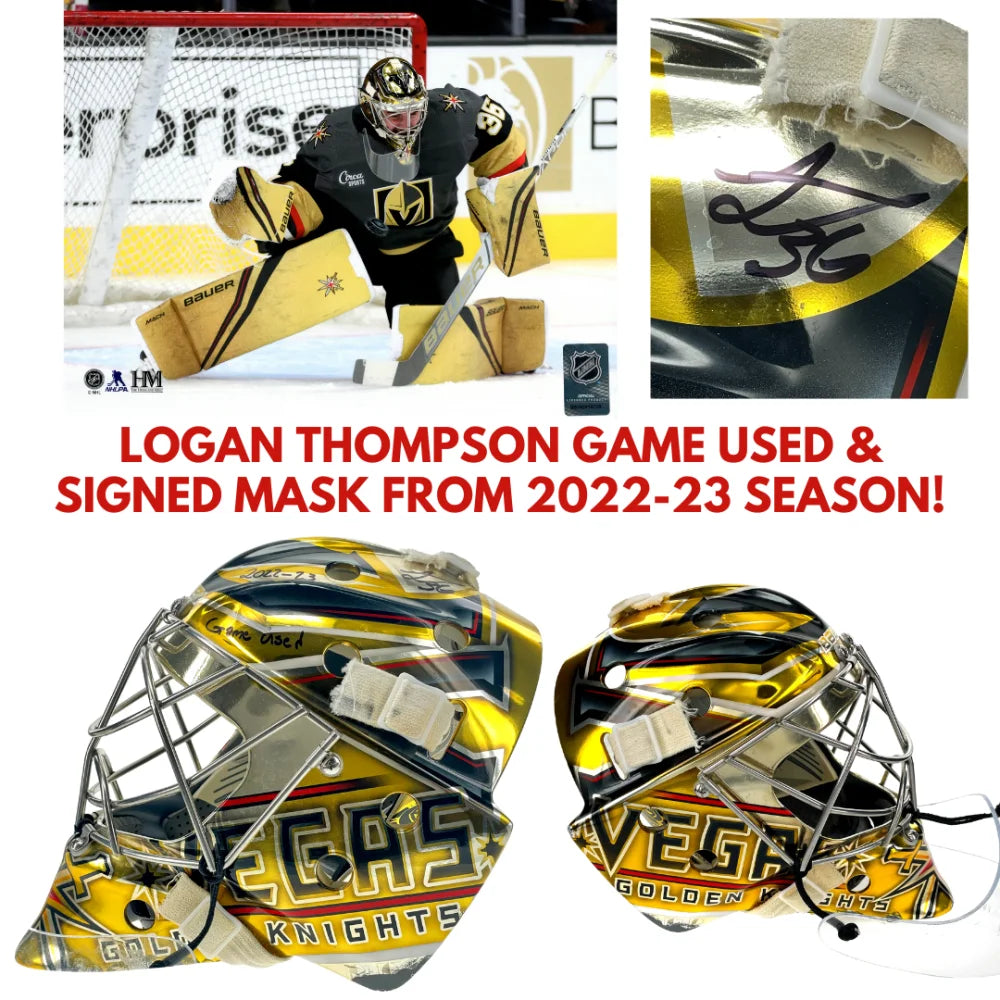 Authentic Logan Thompson Game Used Signed Goalie Mask 2022-23 Season with COA - Vegas Golden Knights NHL Hockey Memorabilia - Perfect for Collectors, Fans, and Sports Memorabilia Displays