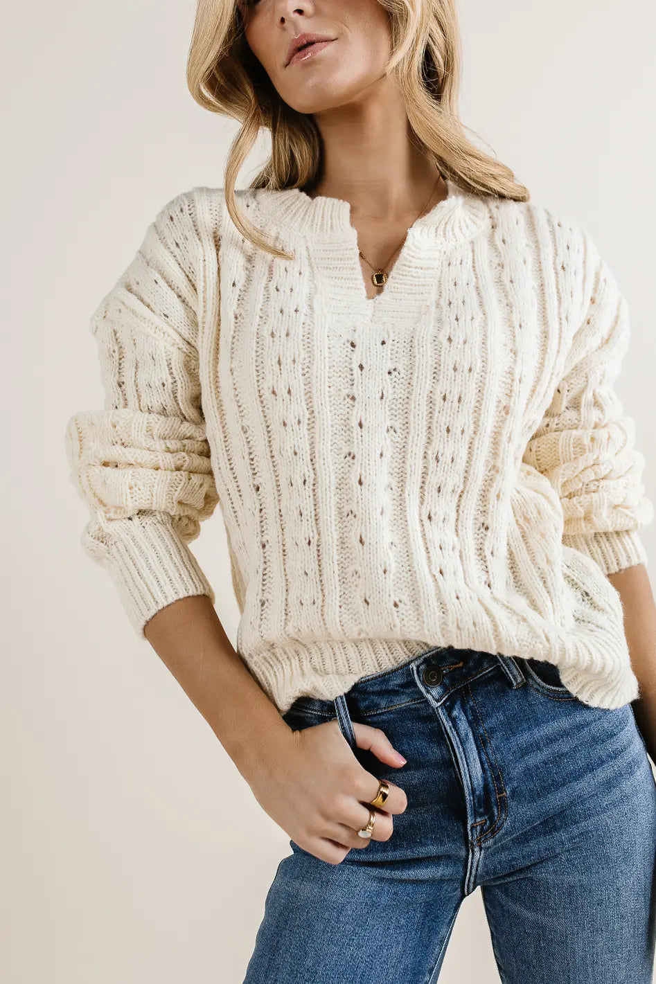 Emilia Knit Sweater Women's Cream Pullover - Cozy Winter Casual Wear for Office & Date Nights