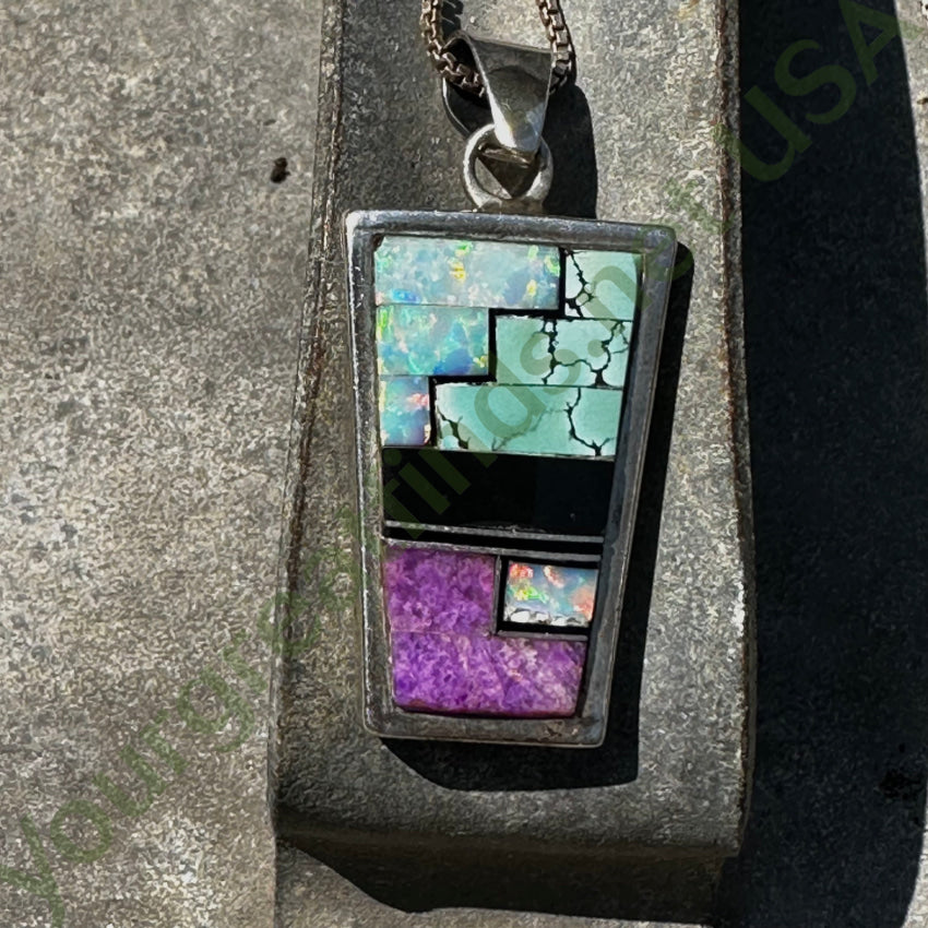 Southwestern Sterling Silver Double Sided Channel Inlay Necklace - Handcrafted Jewelry for Women, Boho Chic Style, Perfect for Casual Wear & Special Occasions
