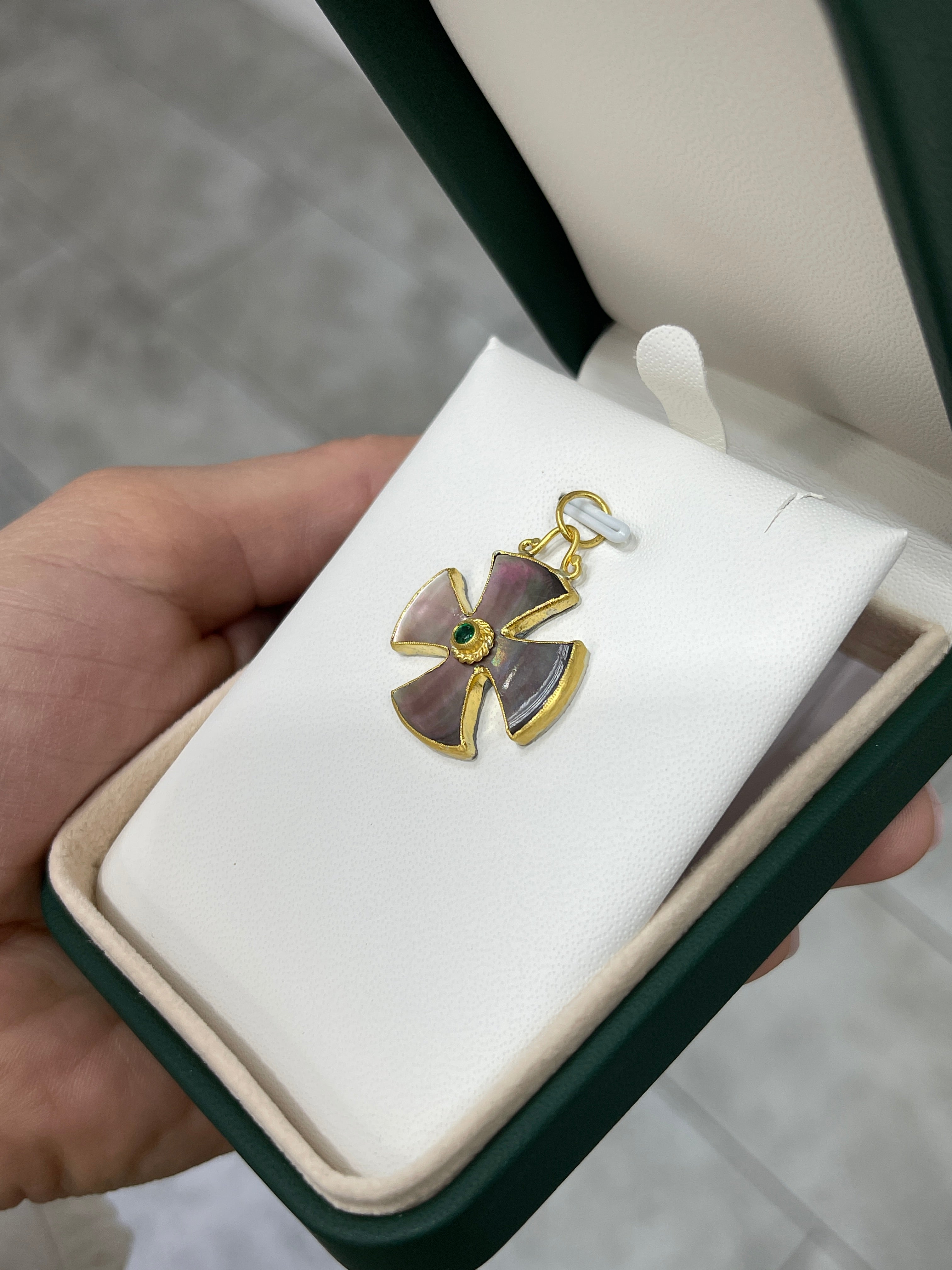 24K Gold Byzantine Cross with Mother of Pearl and Emerald - Maltese Style Religious Jewelry for Men & Women - Perfect for Church, Weddings, and Special Occasions