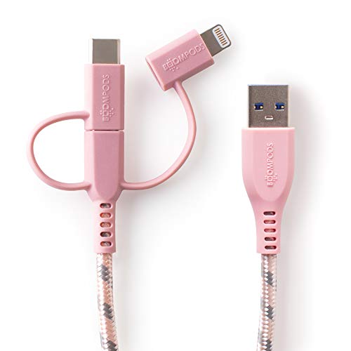 BoomPods Trio Armour 3-in-1 Braided Charging Cable - 1.5m Rose Gold Lightning/USB-C/Micro USB Cable for iPhone, Samsung, Android | Fast Charging Cord for Home, Office, Travel & Car | Durable Nylon Braided Cable for Phones, Tablets, Power Banks | Perfect for Work, Commuting, Gym, Airplane & Emergency Charging
