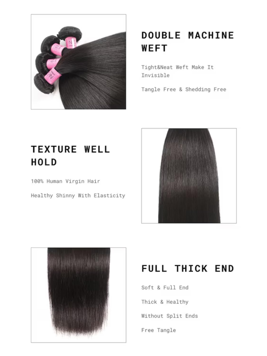 UNice Brazilian Straight 100% Virgin Human Hair Extensions - 3 Bundles Weft (10 12 14 Inch) | Natural Black Color | Perfect for Daily Wear, Styling & Special Occasions