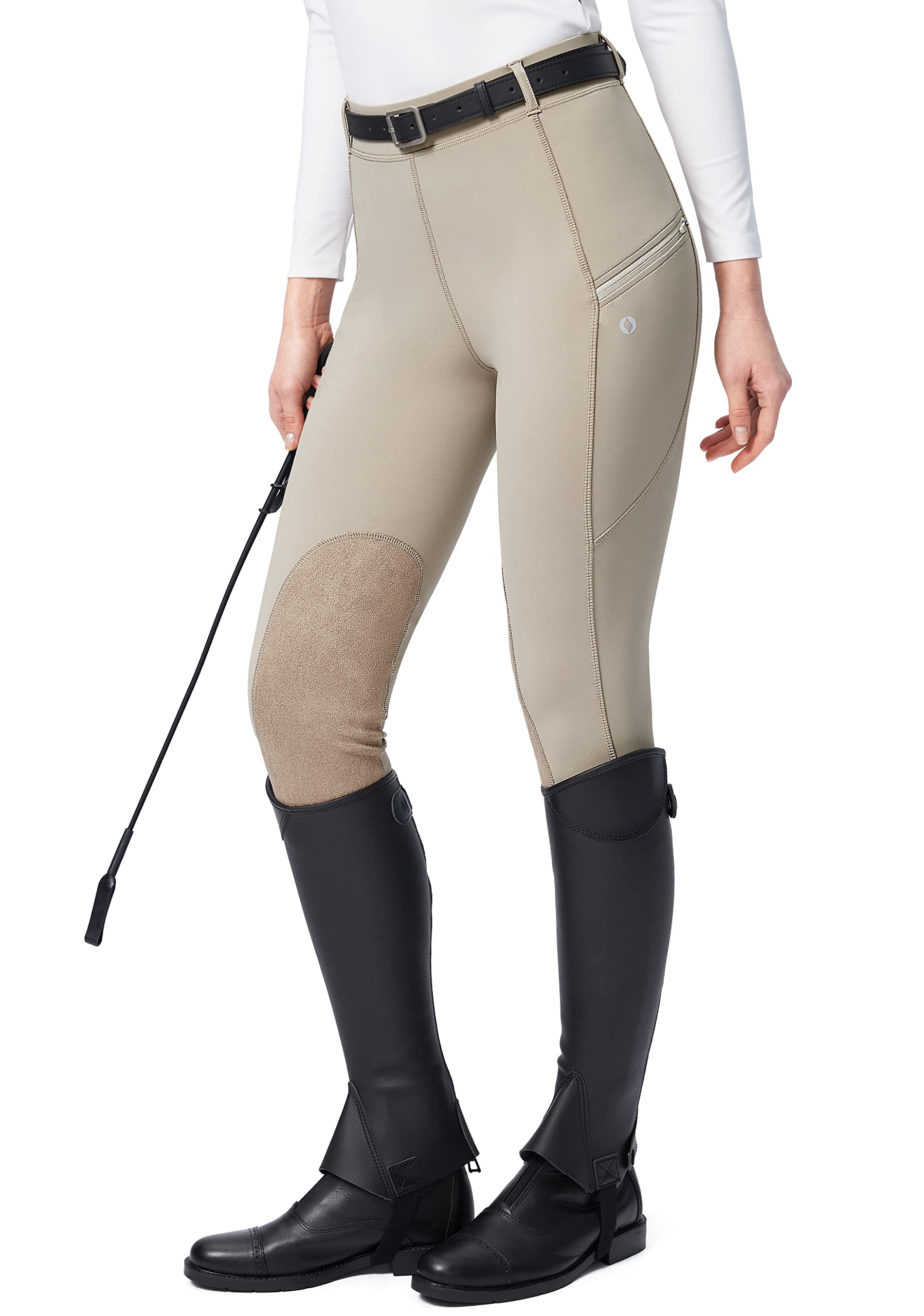 SANTINY Women's Equestrian Riding Pants with Zipper Pockets & Knee Patches - Breathable Schooling Tights for Horseback Riding, Training & Competition - Perfect for English & Western Riding Styles