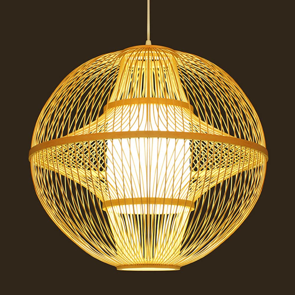 1Pc Handwoven Round Bamboo Wicker Pendant Lamp - 1 Light Industrial Ceiling Light Fixture for Bedroom, Kitchen, Restaurant & Coffee Bar - Perfect for Boho, Farmhouse & Coastal Decor Styles