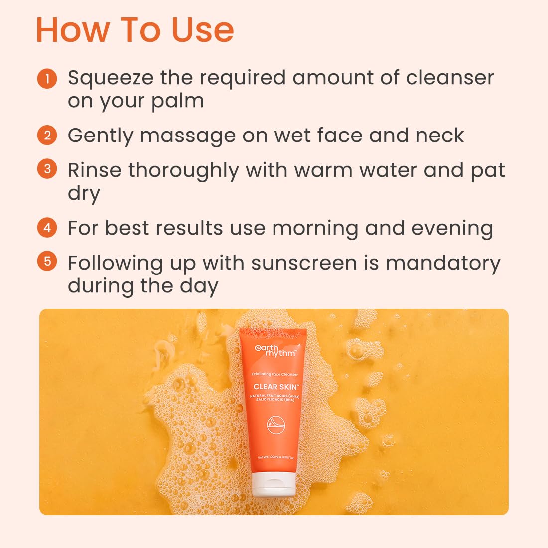 Earth Rhythm AHA-BHA Face Wash with Hyaluronic Acid | Deep Cleansing for Oily & Acne-Prone Skin | Unclogs Pores & Fights Breakouts | Gentle Exfoliation for Men & Women | 100ml | Perfect for Daily Skincare Routine & Post-Workout Cleansing