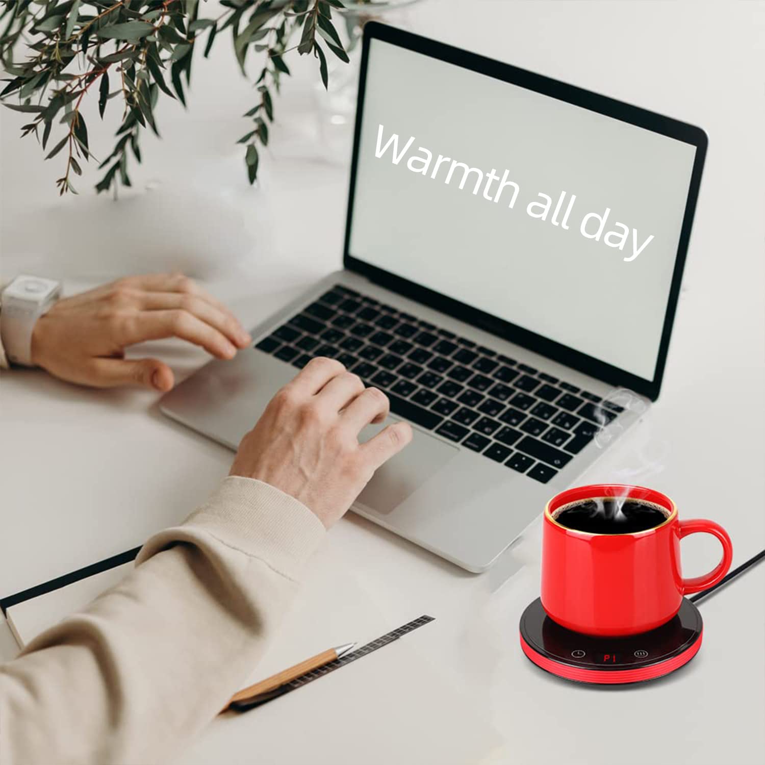 Smart Coffee Warmer for Desk - 8 Hours Auto Shut-Off, 3 Adjustable Temperature Settings, 1-12 Hour Timer - Electric Mug Warmer for Coffee & Tea (Red) - Perfect for Office, Home & Dorm Use