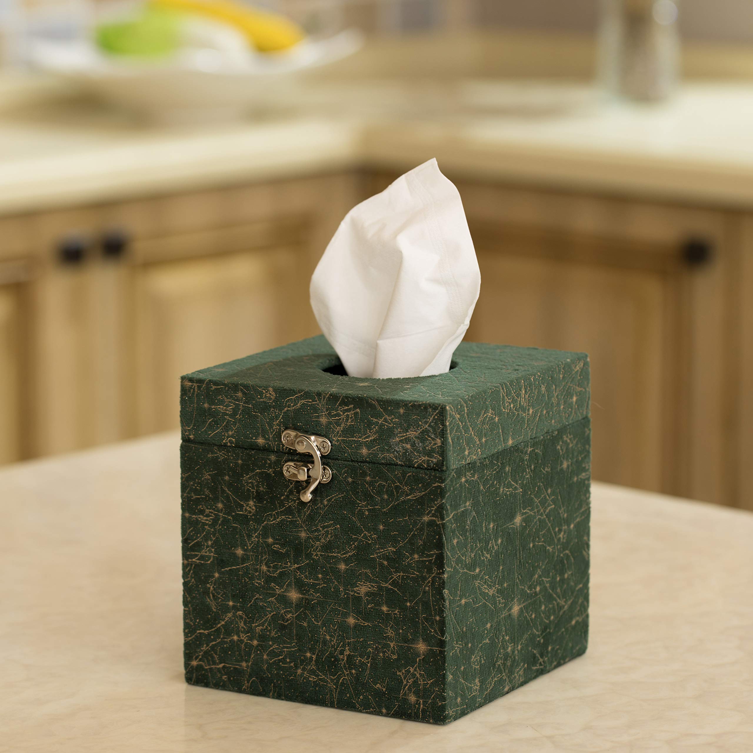 Square Velvet Modern Paper Facial Tissue Box Cover Holder - Stylish Home & Office Desk Organizer for Living Room, Bedroom, Bathroom - Green