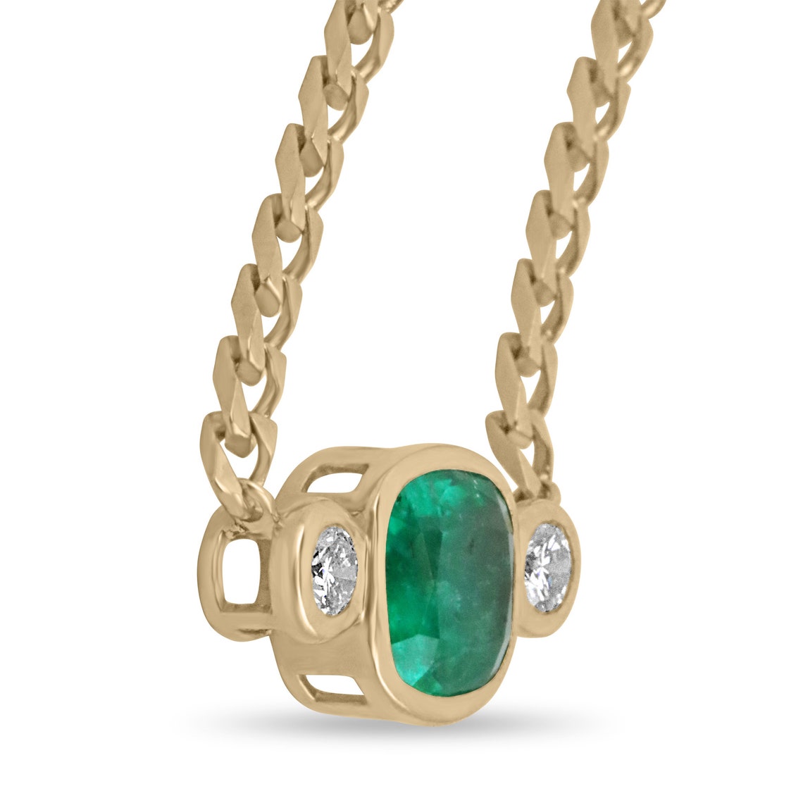 5.24tcw Dark Green Colombian Emerald Cushion Cut & Diamond Three Stone Necklace in 14K Gold - Elegant Jewelry for Weddings, Anniversaries & Special Occasions