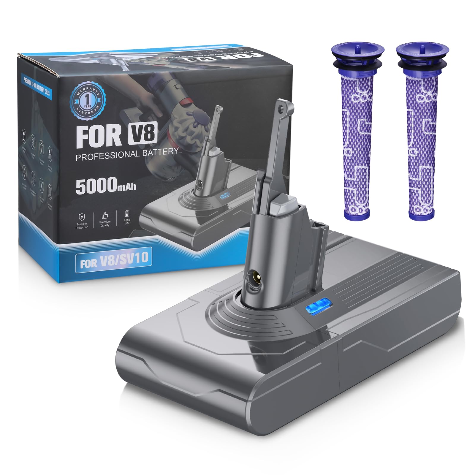 Dyson V8 Replacement Battery 5.0Ah 21.6V with 2 Filters - Genuine Compatible Battery for Dyson V8 Cordless Vacuum - Perfect for Home Cleaning, Pet Hair Removal & Car Detailing