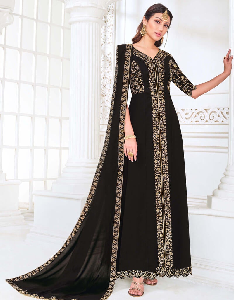 Black Myanmar Georgette Pant Anarkali - Elegant Long Dress for Women | Perfect for Weddings, Parties & Festive Occasions