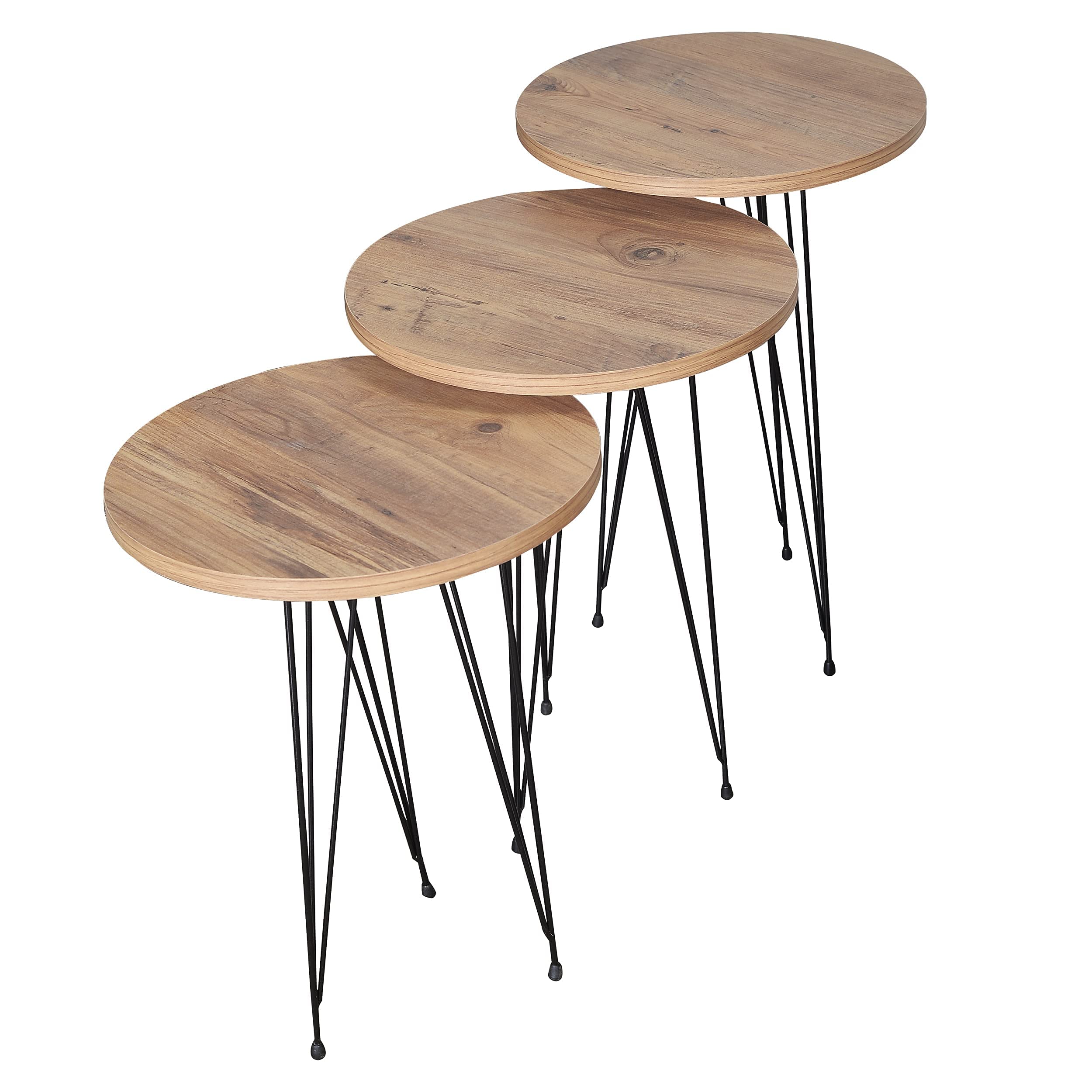 PAK HOME Set of 3 Round Pine Wood Nesting End Tables with Metal Legs - Stackable Coffee Side Accent Tables for Living Room, Bedroom Nightstand, Home Office - Perfect for Small Spaces, Apartment Decor & Modern Furniture Arrangement