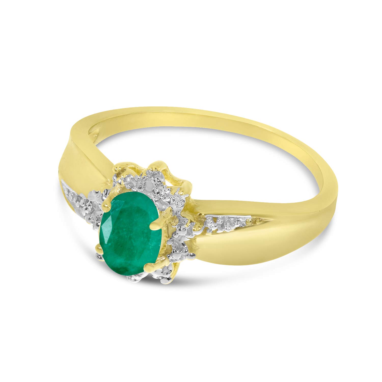 10K Yellow Gold Oval Emerald and Diamond Ring for Women - Elegant Vintage Style Jewelry for Engagement, Wedding, Anniversary Gifts