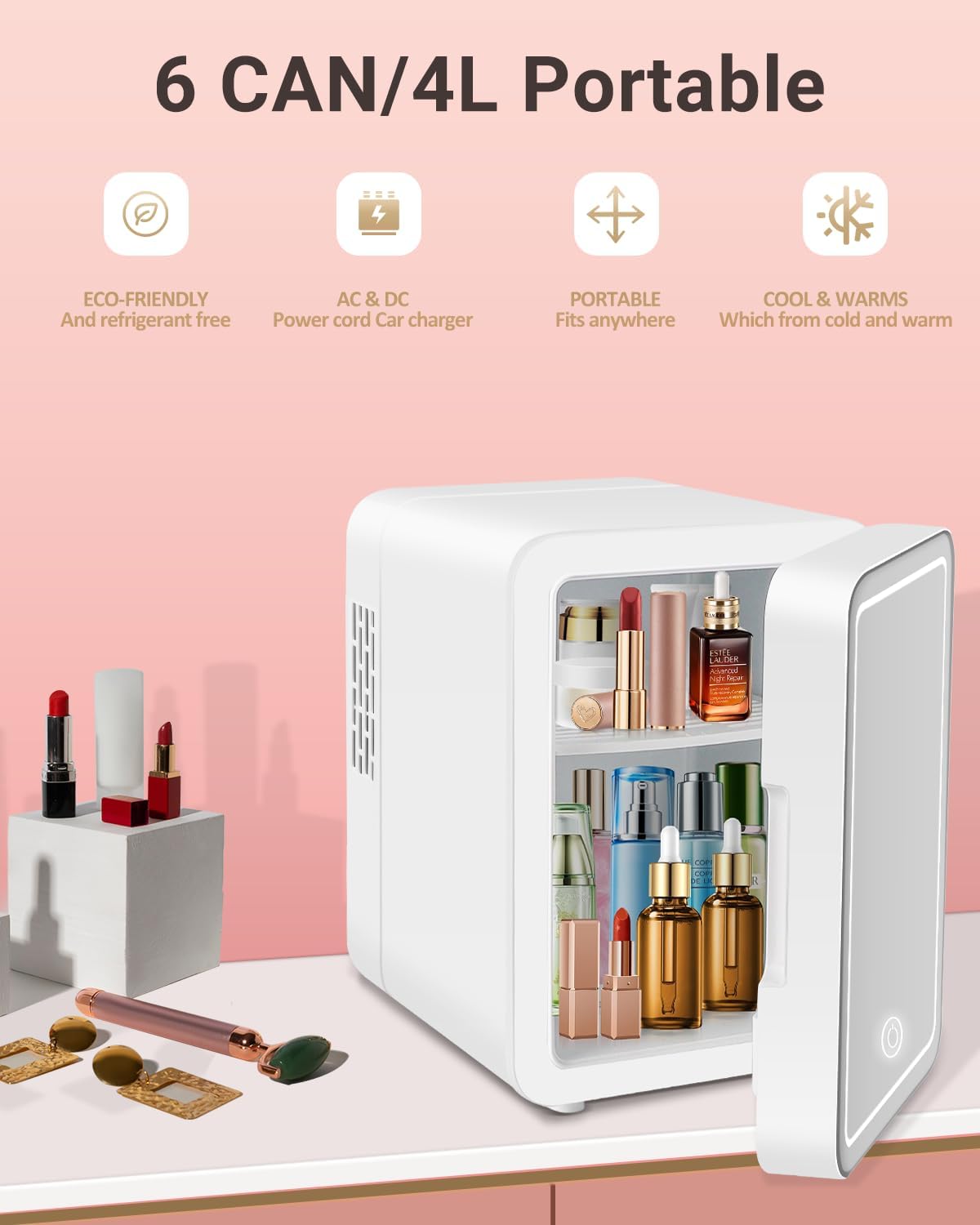 Portable 4L Mini Fridge for Skincare & Cosmetics - Thermoelectric Cooling & Warming Beauty Refrigerator with Mirrored Door, Dimmable LED Light - Perfect for Bedroom, Office, Dorm (White)