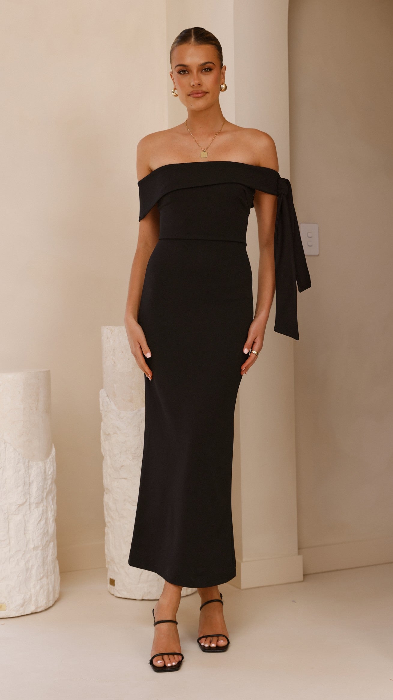 Halen Off Shoulder Midi Dress - Elegant Black Flowy Dress for Women | Perfect for Summer Parties, Date Nights & Beach Vacations