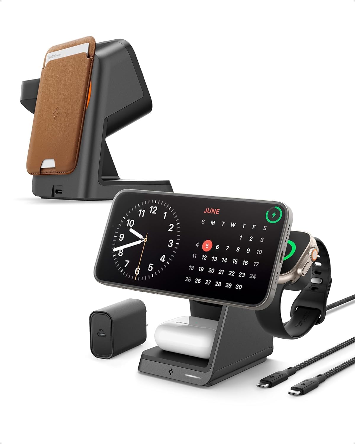 Spigen 3-in-1 Wireless Charging Station | Certified MagSafe Charger Stand with 15W Fast Charging for iPhone 16 Series (Pro Max/Pro/Plus) & iPhone 15/14/13 | Compatible with AirPods, Apple Watch 10 & Ultra 2 | Perfect for Home, Office & Travel Use