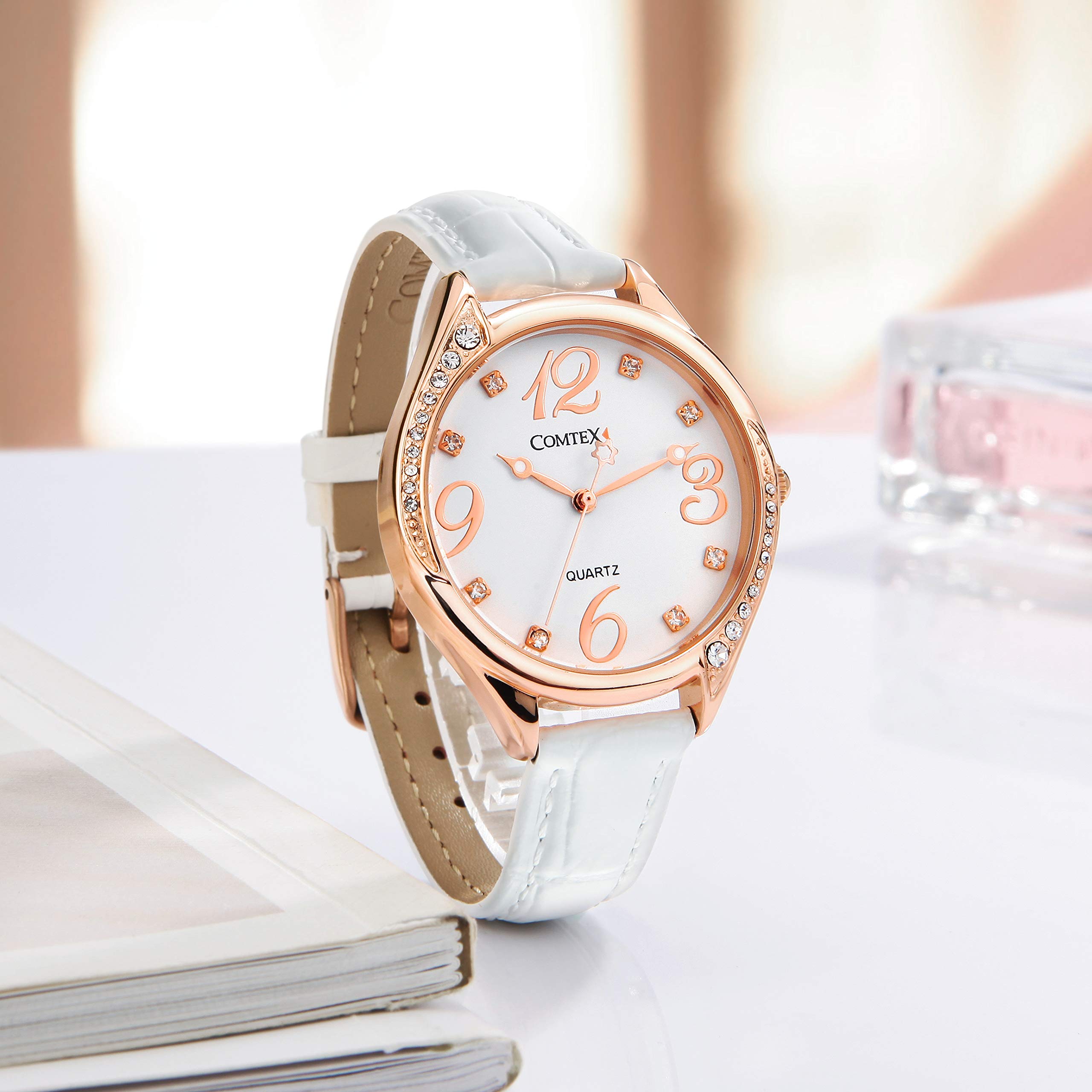 COMTEX Women's Watches with Large White Dial, Rose Gold Tone, White Leather Strap - Elegant Fashion Watch for Ladies, Perfect for Office, Party & Everyday Wear
