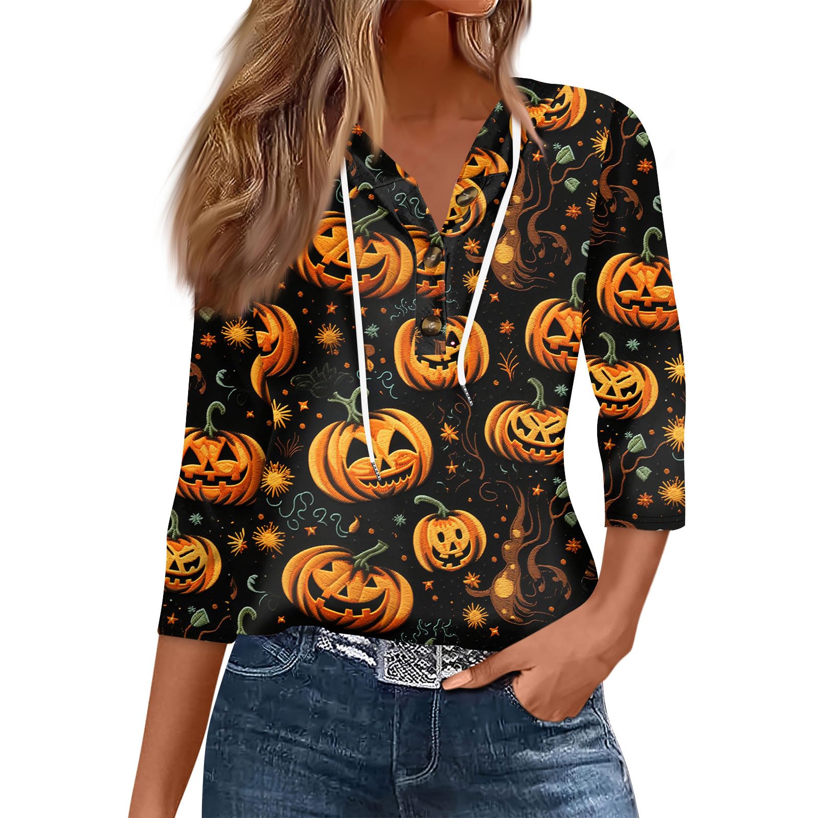 2024 Halloween Costumes for Women - Fall Graphic Hoodies with 3/4 Sleeves & Henley Buttons | Cute Halloween Outfits & Party Costume Ideas