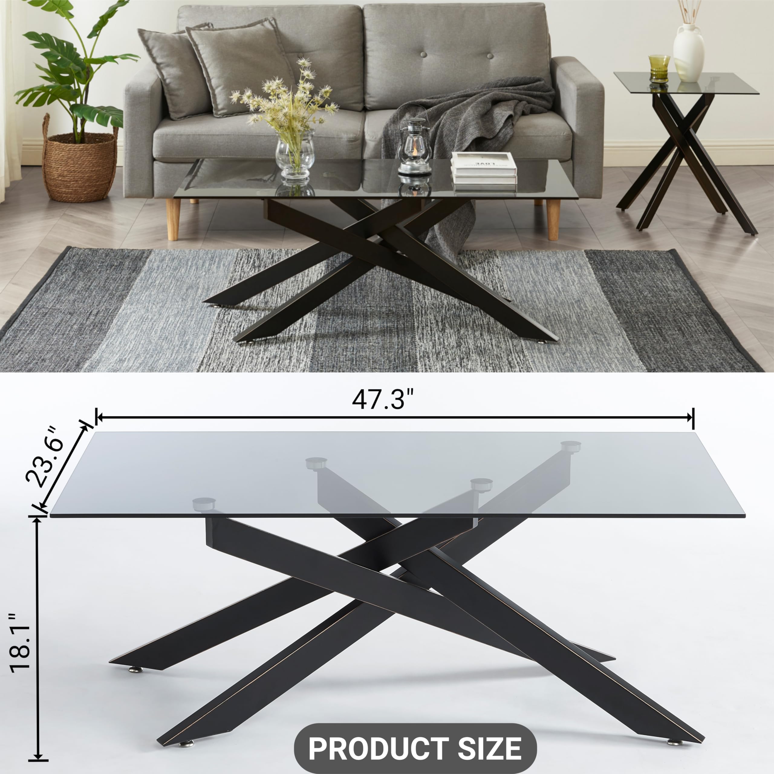 Modern Rectangle Coffee Table with Gray Tempered Glass Top & Black Metal Tubular Legs - 47.3