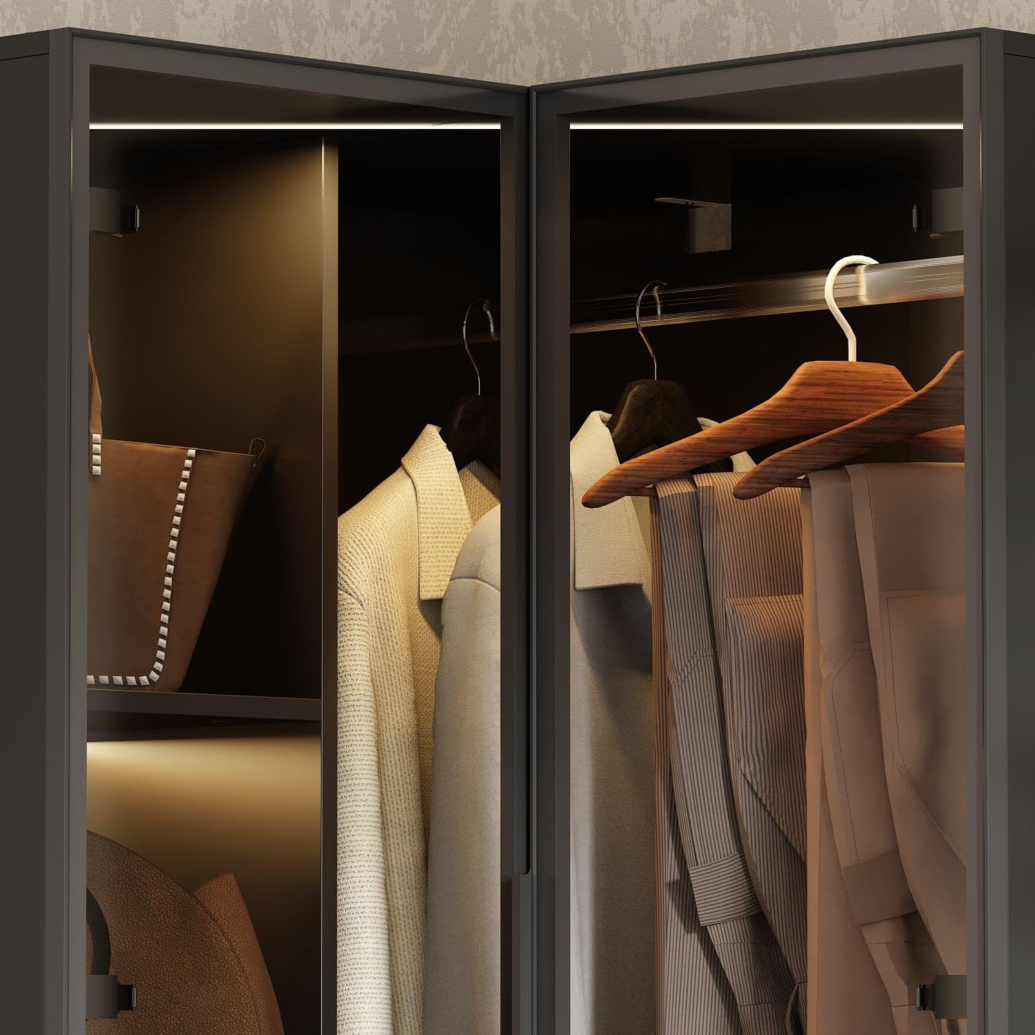 MOUMON L-Shaped Corner Wardrobe Closet with Glass Doors & LED Lights - Freestanding Clothes Storage Cabinet with Hanging Rod & Adjustable Shelves - Perfect for Bedroom, Guest Room, Walk-In Closet - Black (35.4”D x 35.4”W x 70.7”H) - Space-Saving Storage Solution for Small Apartments & Modern Homes