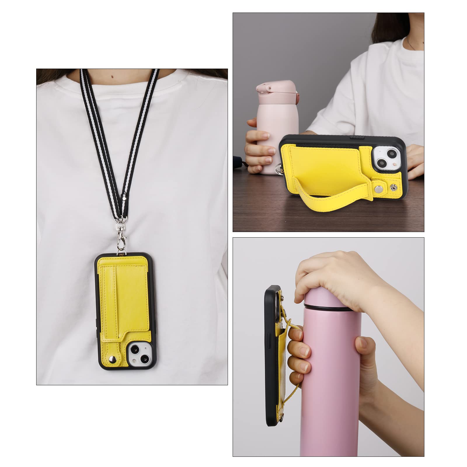 TOOVREN iPhone 13 Wallet Case with Card Holder & Stand - PU Leather Protective Phone Cover with Lanyard for Women & Men (6.1 Inch, Yellow) - Perfect for Travel, Shopping & Everyday Use