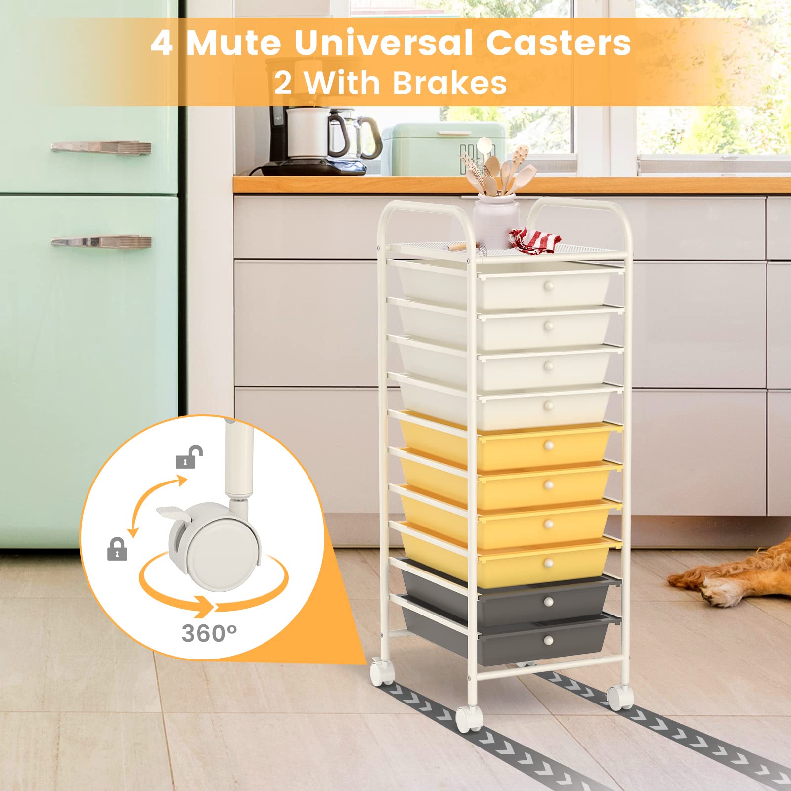 COSTWAY 10-Drawer Rolling Storage Cart with Removable Drawers, Universal Casters & 2 Brakes | Mobile Utility Trolley for Home Office Organization | Perfect for Craft Supplies, Beauty Products & School Essentials (Yellow)