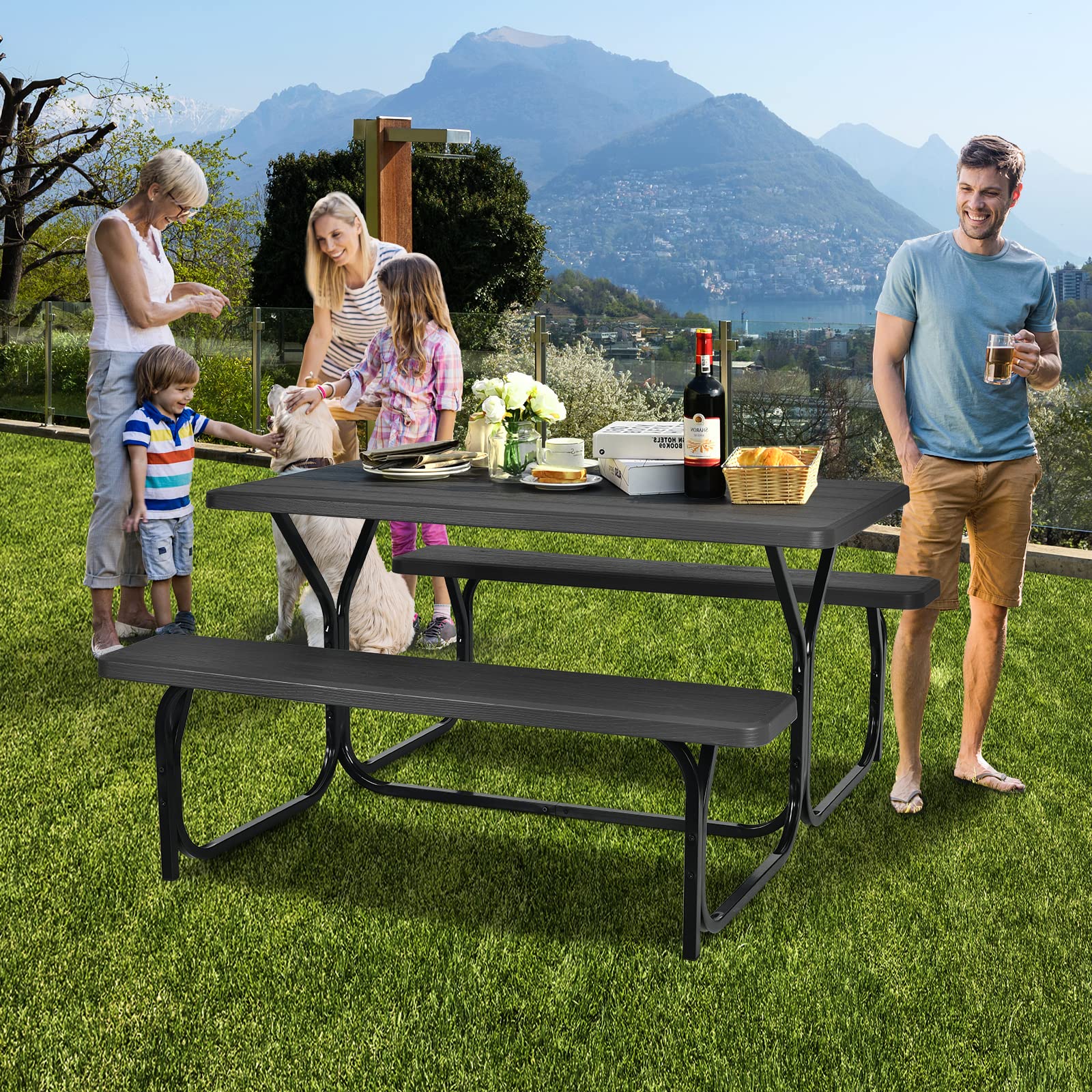 HappyGrill Outdoor Picnic Table Set with Steel Frame & Durable Plastic Table Top - Perfect for Garden, Backyard, Patio, and Camping Use