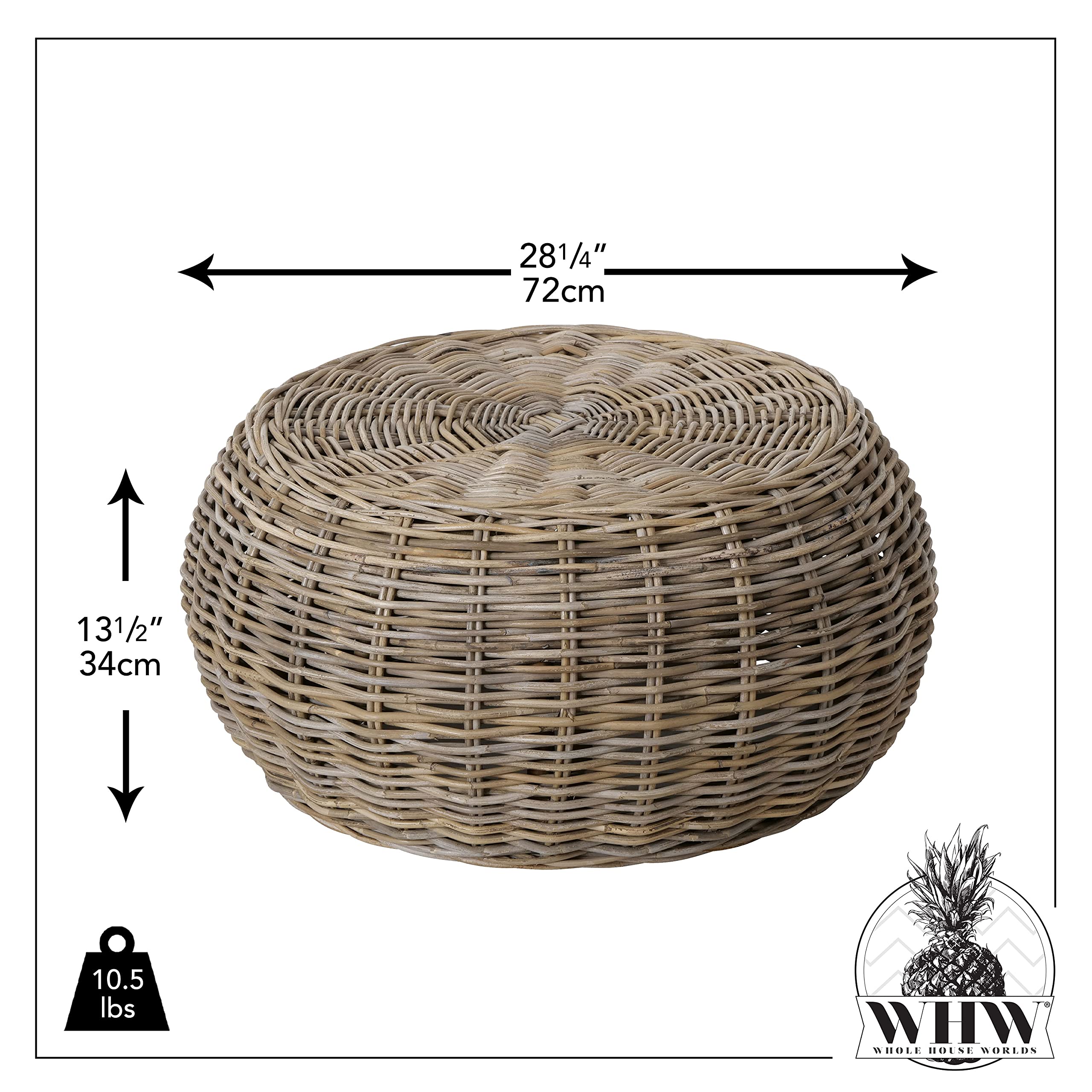 WHW Whole House Worlds Hamptons Low Rise Rattan Coffee Table - Wicker Weave Circular Design, 28.25 Inch Diameter x 13.5 Inch Height, 10.5 lbs - Perfect for Living Room, Patio, or Beach House Decor