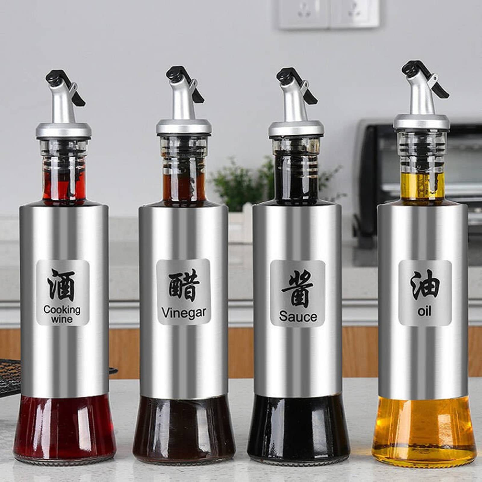 4 Pack Stainless Steel Oil Dispenser Bottles - Olive Oil, Vinegar & Sauce Cruet with Drip-Free Spout - Durable Kitchen Oil Pourer for Cooking, Salad Dressing & BBQ Grilling