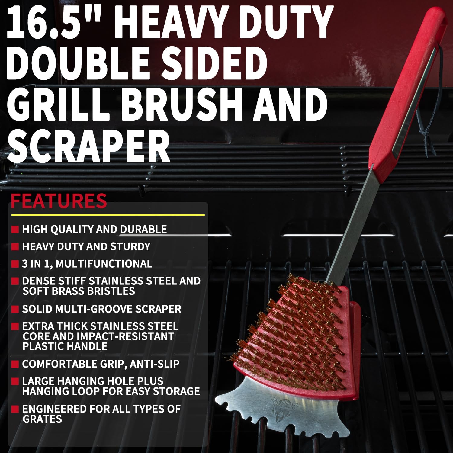 Heavy Duty Grill Brush and Scraper with Steel & Brass Bristles - Professional BBQ Cleaner for Porcelain, Cast Iron & Stainless Steel Grates - Perfect for Outdoor Grilling, Backyard BBQs and Camping Cookouts