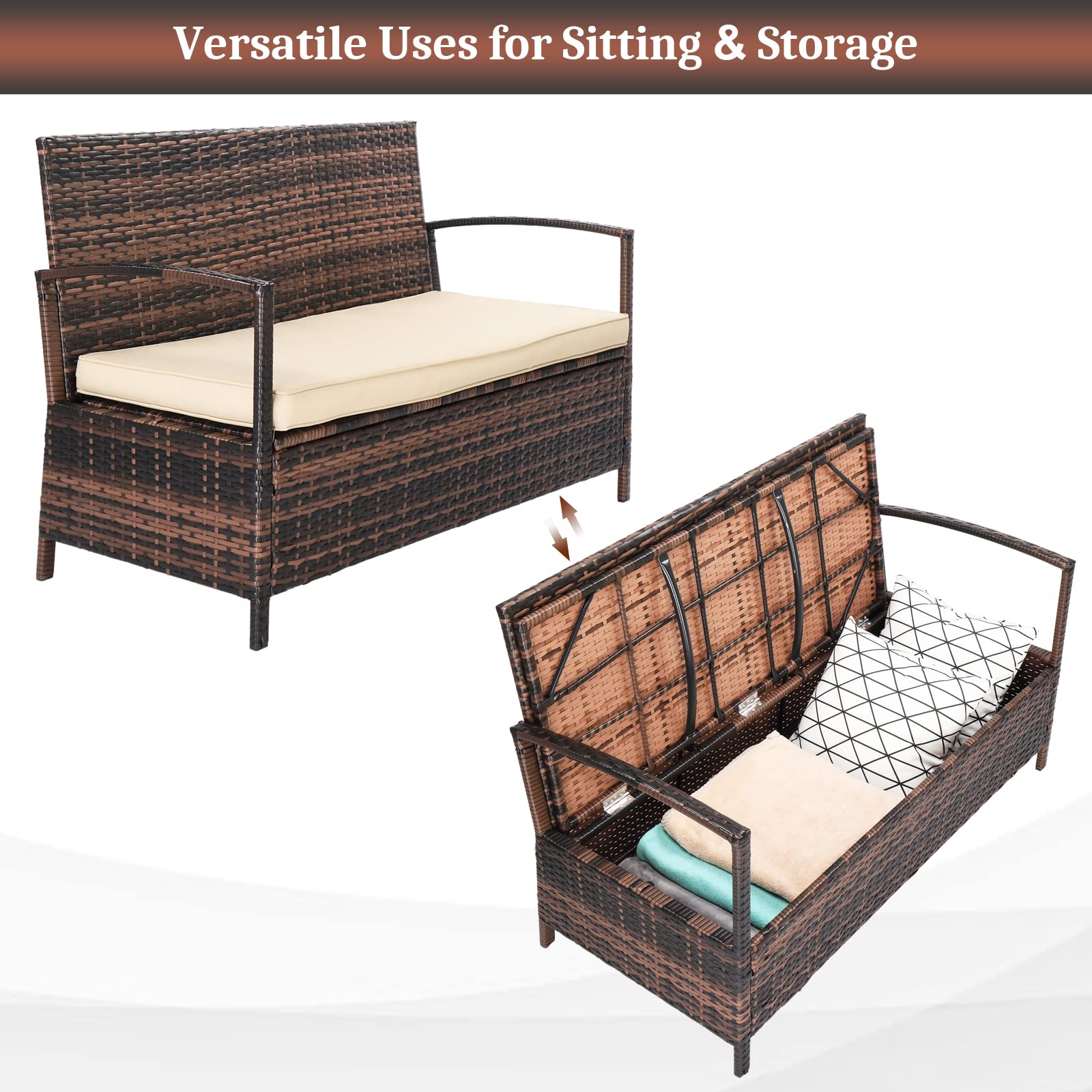 VINGLI 40 Gallon Outdoor Storage Bench - Large Capacity Wicker Deck Box with Cushion, Patio Furniture for Porch, Yard, Garden & Lawn | Weather-Resistant Rattan Design for Outdoor Seating & Organization
