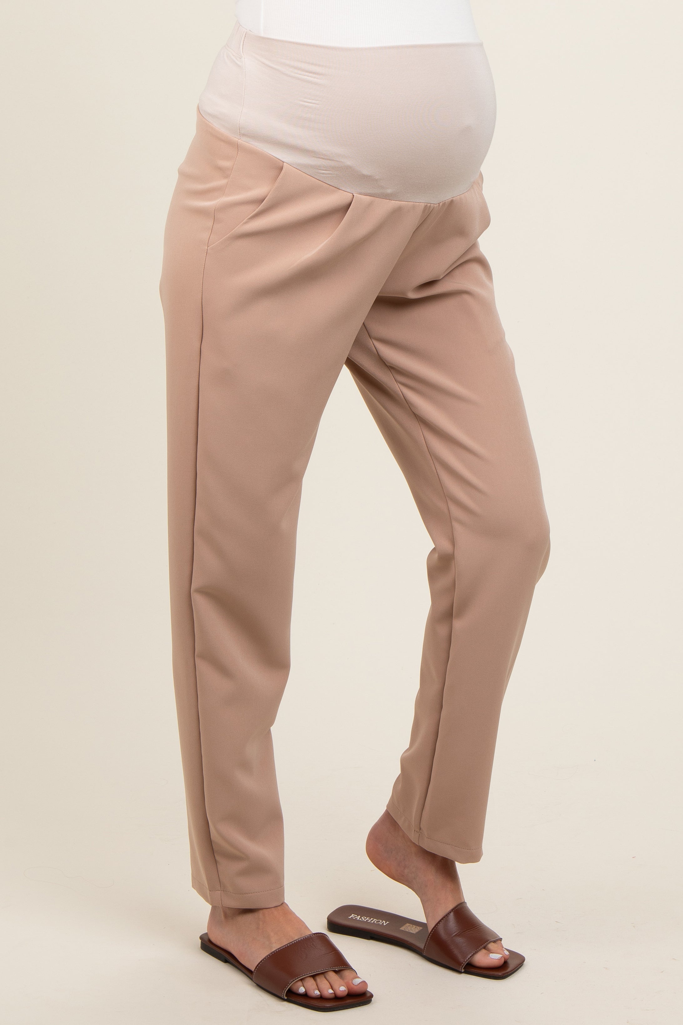 Beige Pleated Maternity Pants for Women - Comfortable Relaxed Fit Pregnancy Pants - Perfect for Work, Office & Everyday Wear