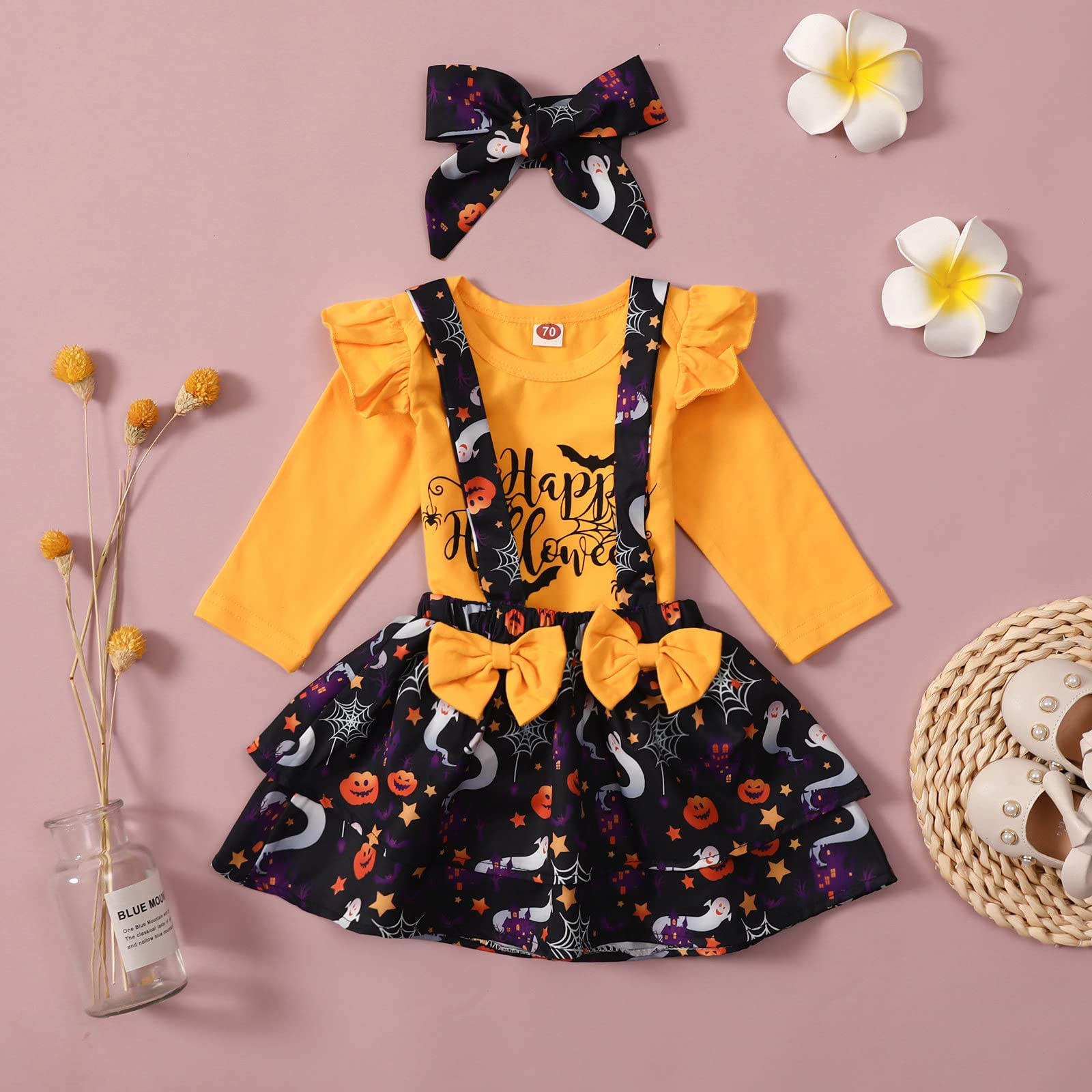 Adorable Infant Baby Girl Summer Outfits - Long Sleeve Romper Bodysuit with Suspender for Halloween & Everyday Wear (Yellow, 12-18 Months) - Perfect for Playdates, Photo Shoots & Special Occasions
