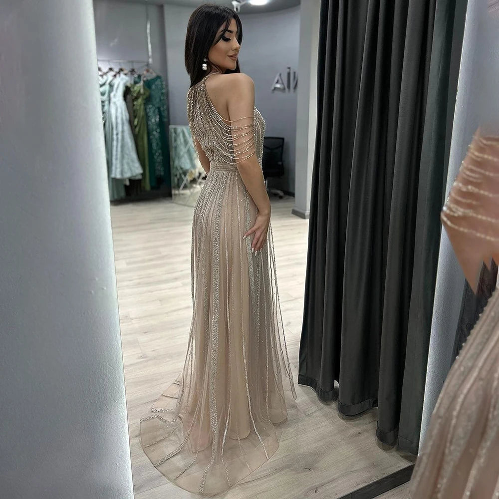 Luxury Dubai Arabic A-Line Gold Beaded Tassel Evening Dress for Women - Elegant Formal Gown for Wedding, Party & Special Occasions - Serene Hill Collection 2025 LA70357 | Perfect for Red Carpet Events, Galas & Bridal Showers